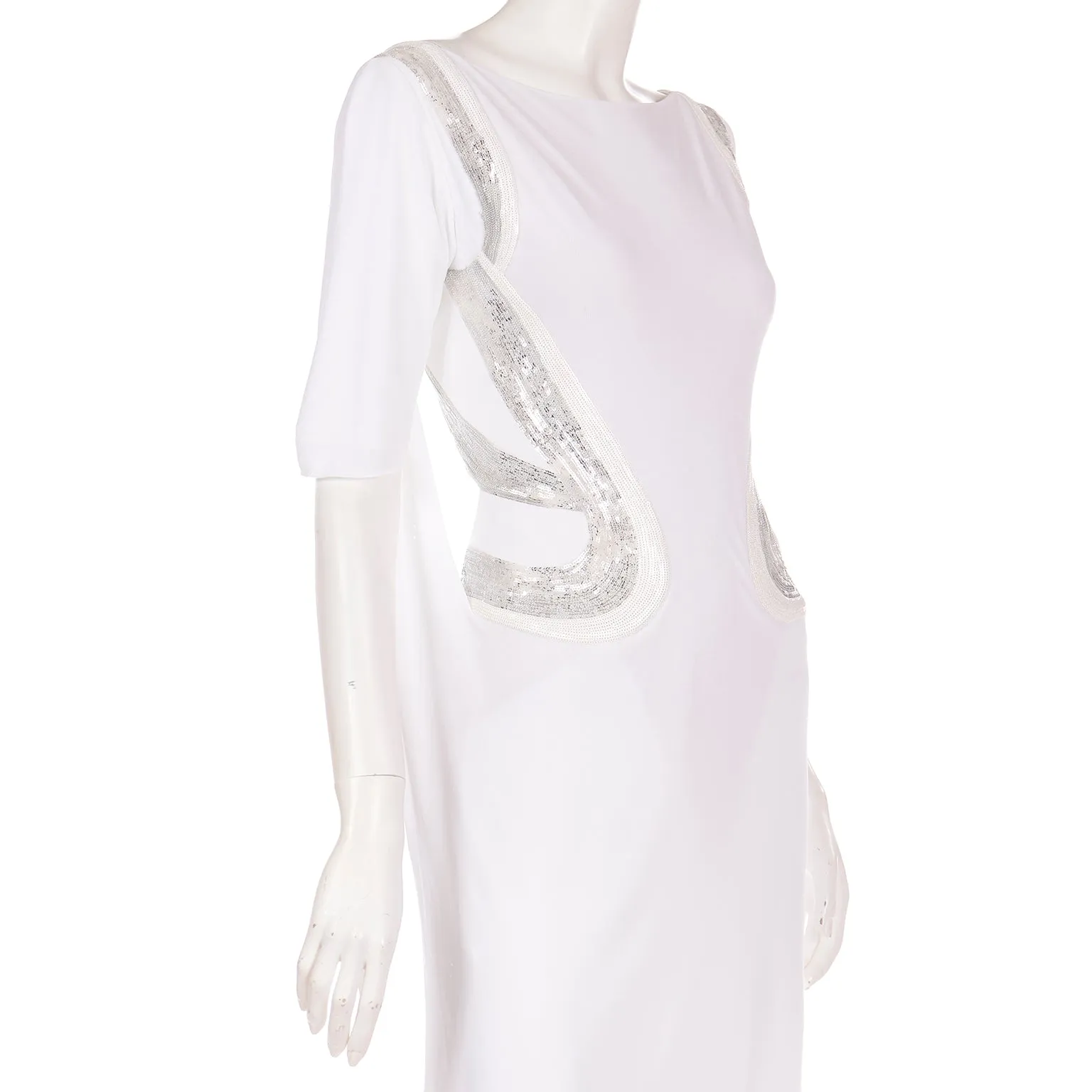 2007 Versace Runway White Evening Dress w Silver Sequins & Open Back