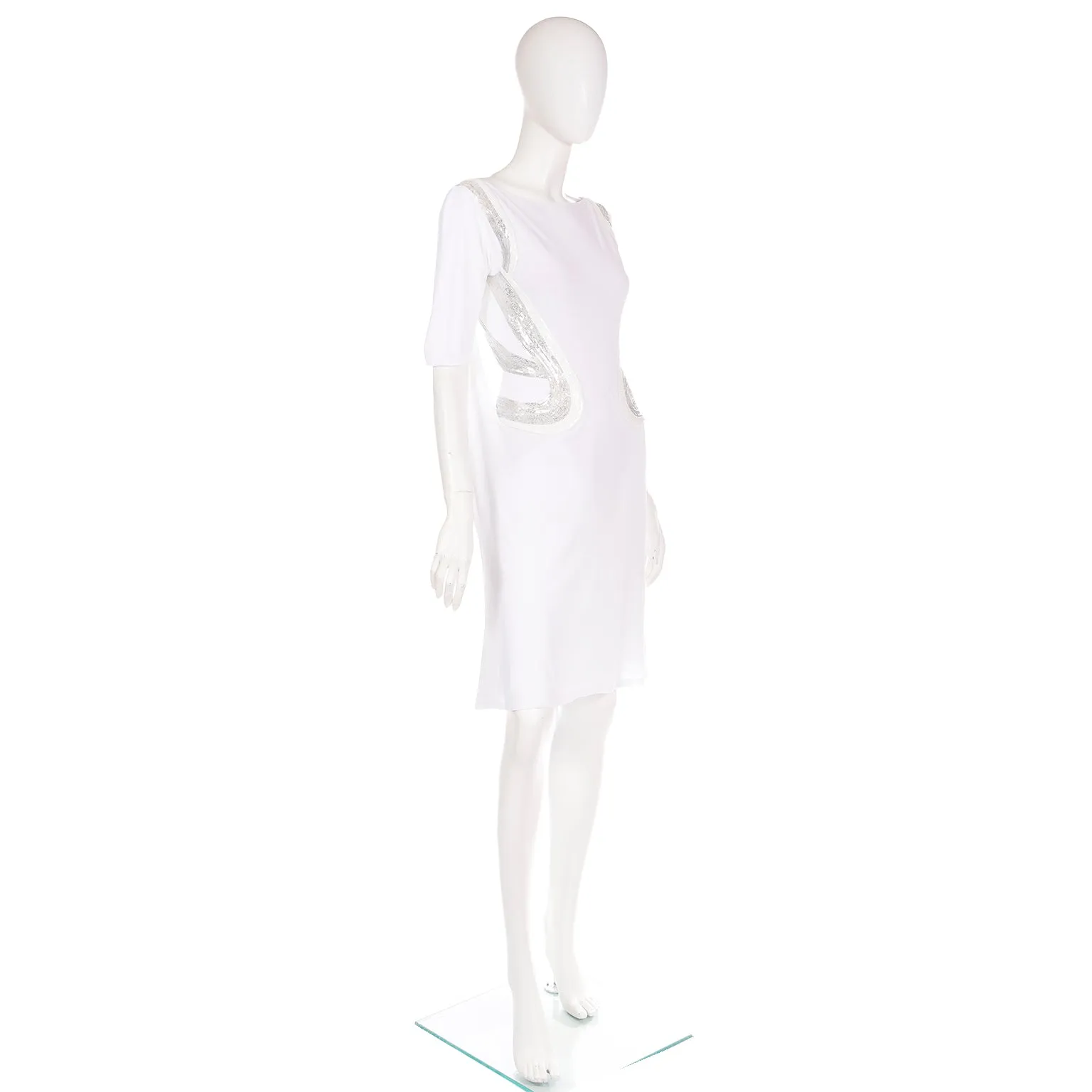 2007 Versace Runway White Evening Dress w Silver Sequins & Open Back