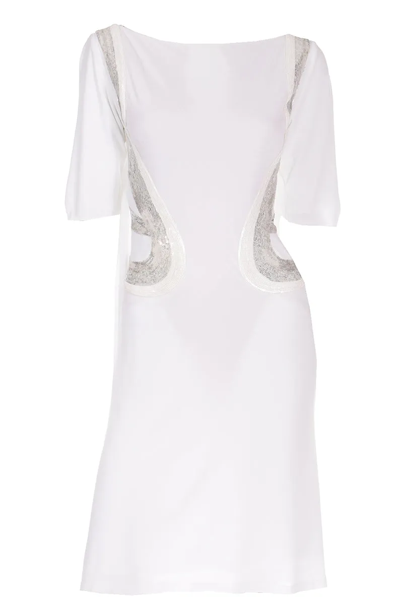 2007 Versace Runway White Evening Dress w Silver Sequins & Open Back