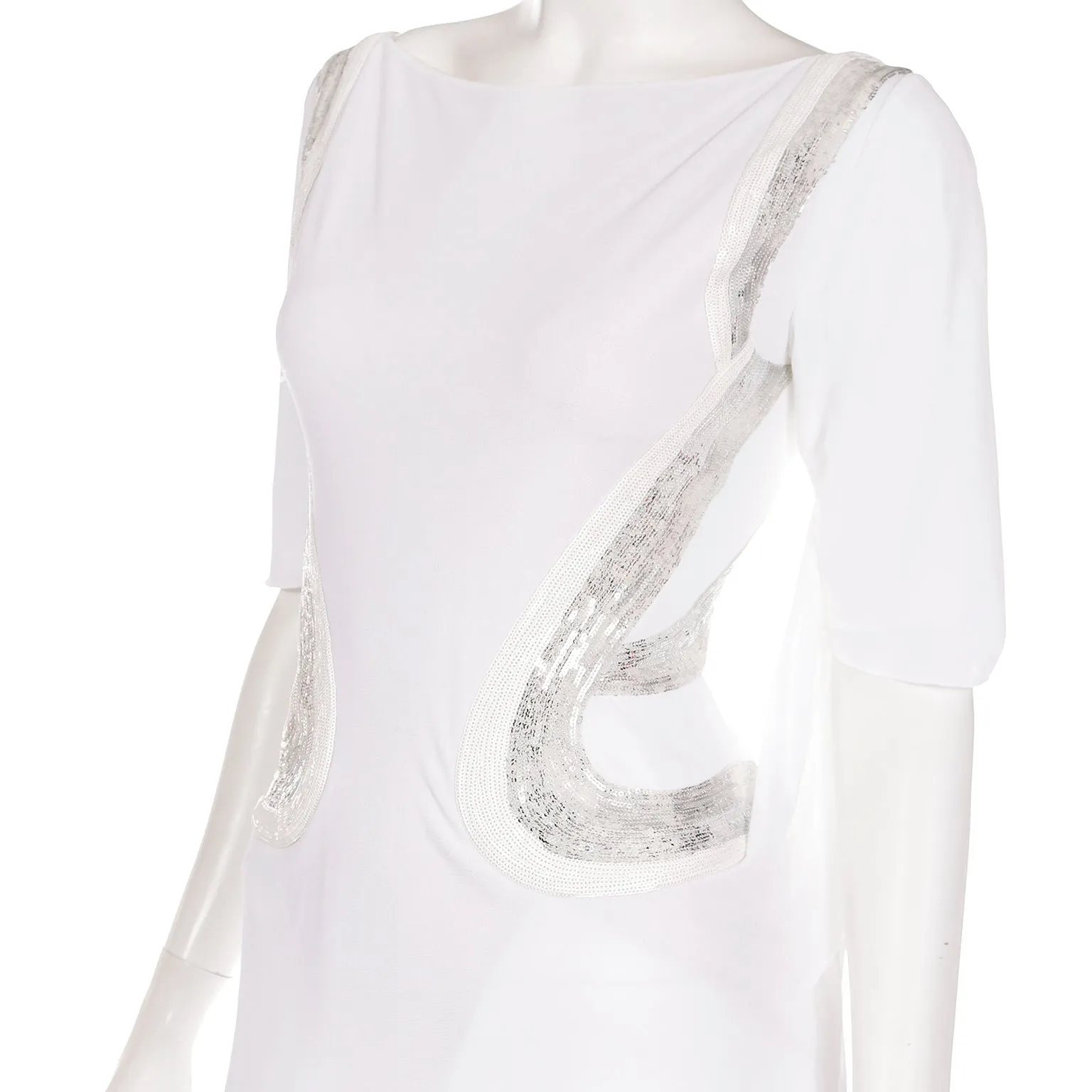 2007 Versace Runway White Evening Dress w Silver Sequins & Open Back