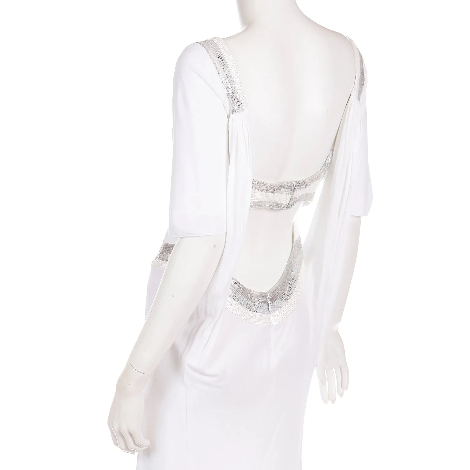 2007 Versace Runway White Evening Dress w Silver Sequins & Open Back