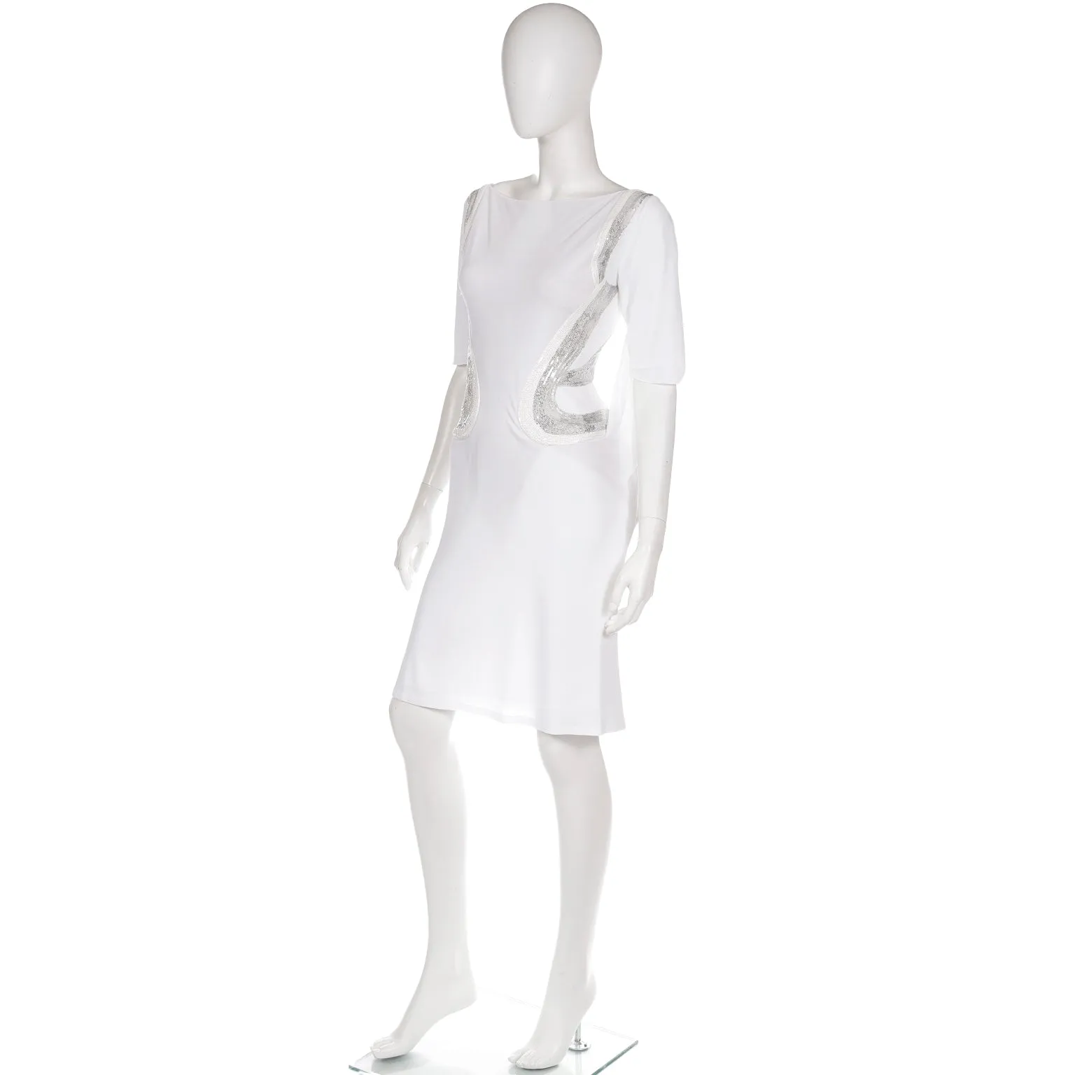 2007 Versace Runway White Evening Dress w Silver Sequins & Open Back