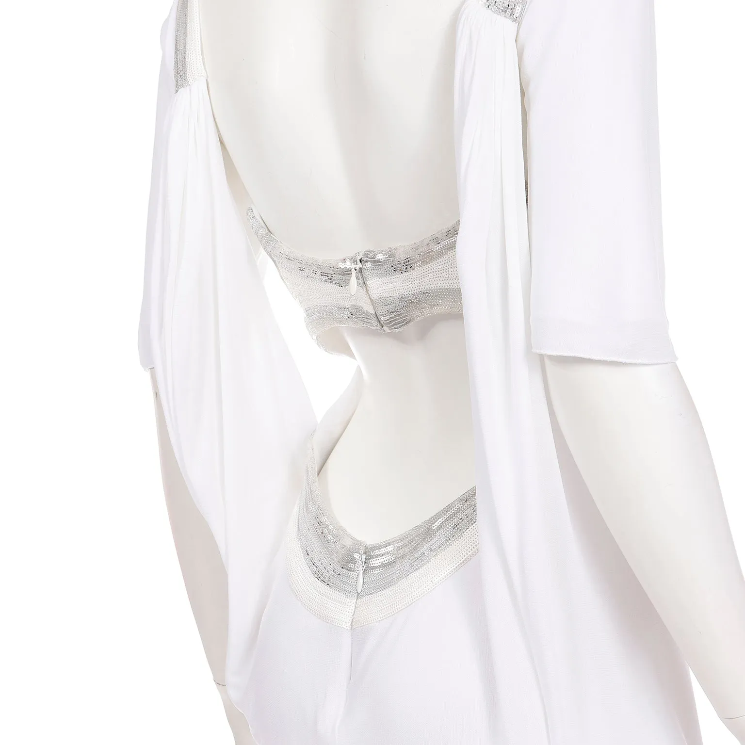 2007 Versace Runway White Evening Dress w Silver Sequins & Open Back