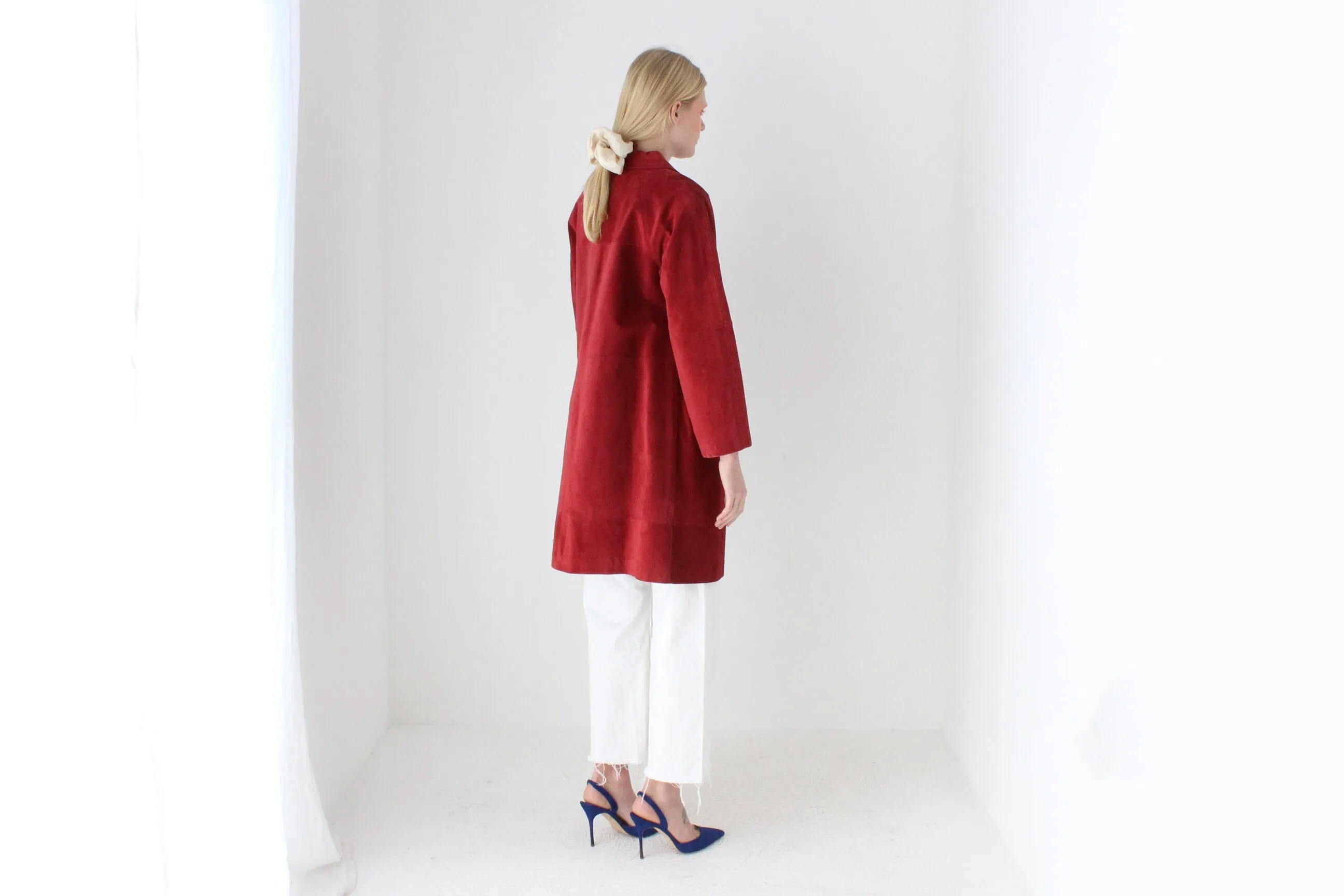90s Burgundy Suede Long Line Button Up Swing Coat