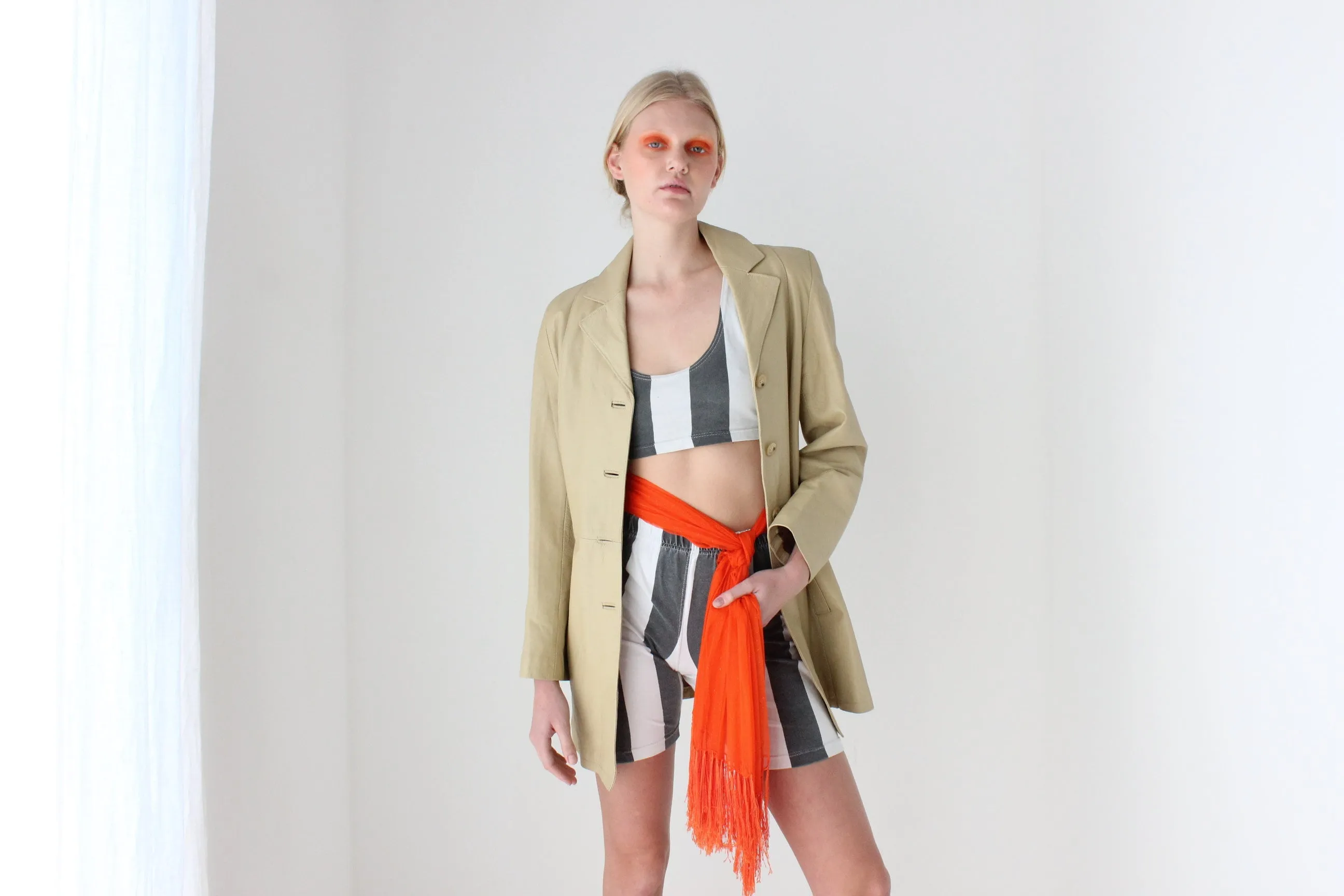 90s Spanish Leather Minimal Beige Button Up Coat by Manuel Herrero, Madrid