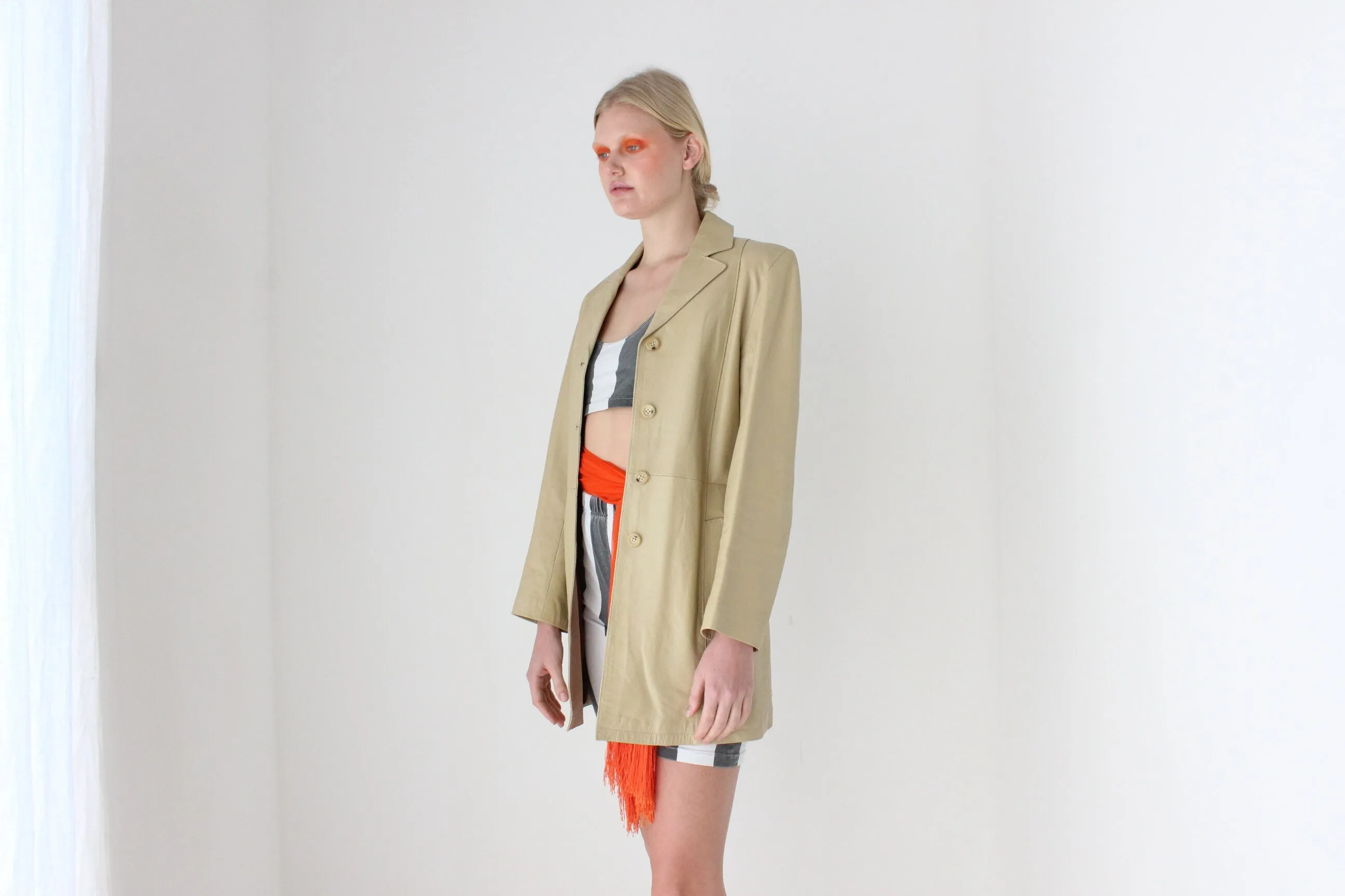 90s Spanish Leather Minimal Beige Button Up Coat by Manuel Herrero, Madrid
