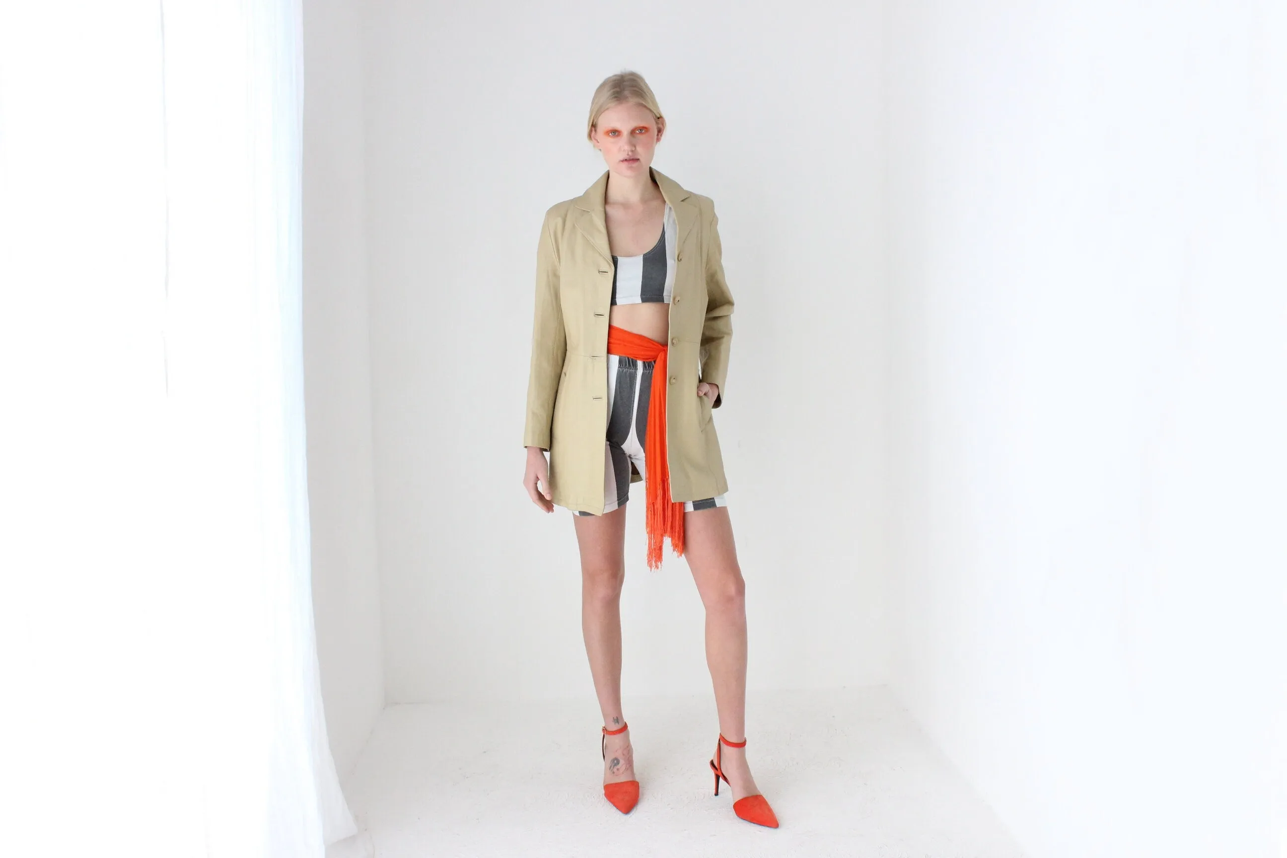 90s Spanish Leather Minimal Beige Button Up Coat by Manuel Herrero, Madrid