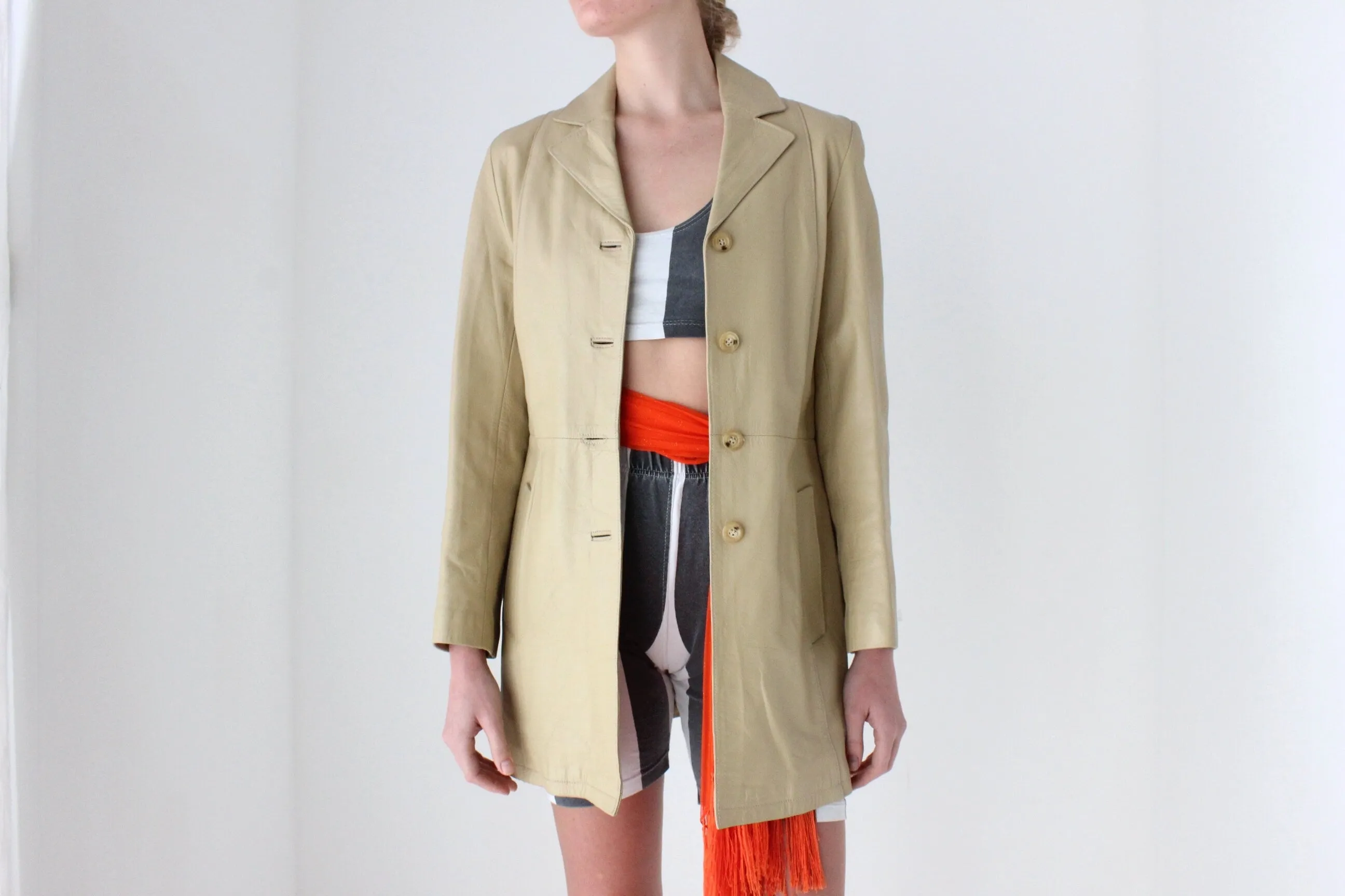 90s Spanish Leather Minimal Beige Button Up Coat by Manuel Herrero, Madrid