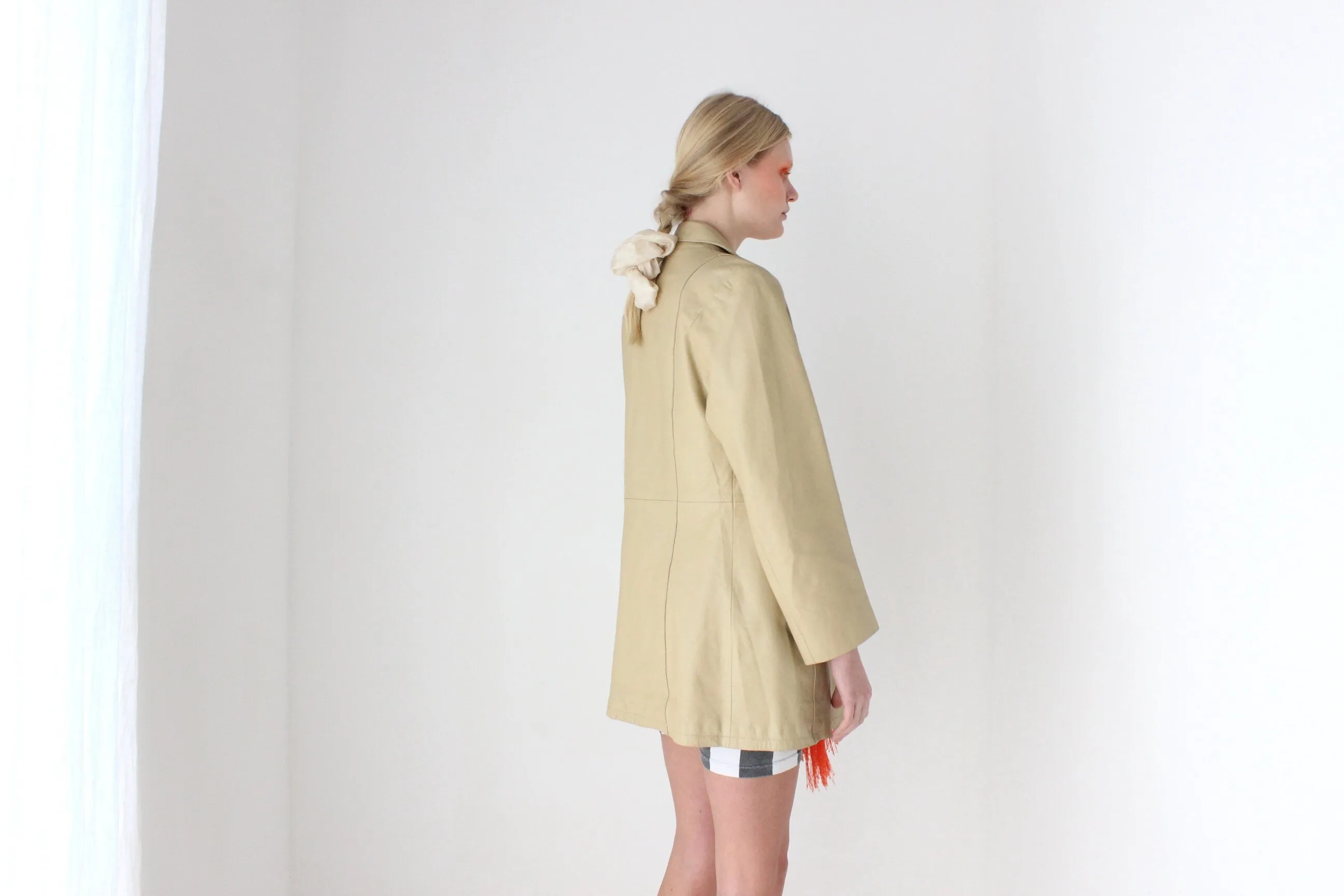 90s Spanish Leather Minimal Beige Button Up Coat by Manuel Herrero, Madrid