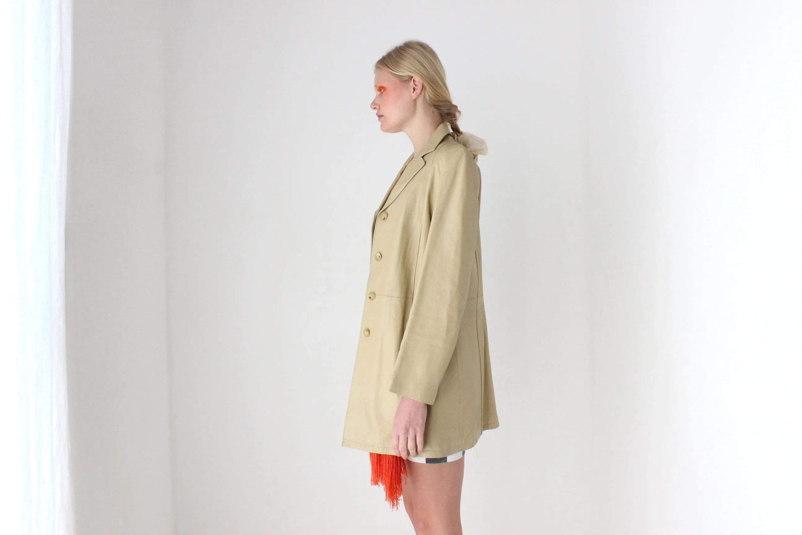 90s Spanish Leather Minimal Beige Button Up Coat by Manuel Herrero, Madrid