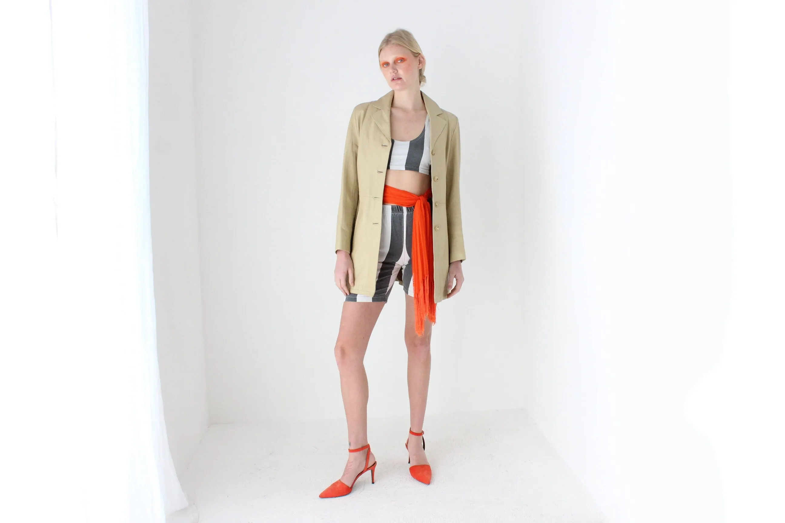 90s Spanish Leather Minimal Beige Button Up Coat by Manuel Herrero, Madrid