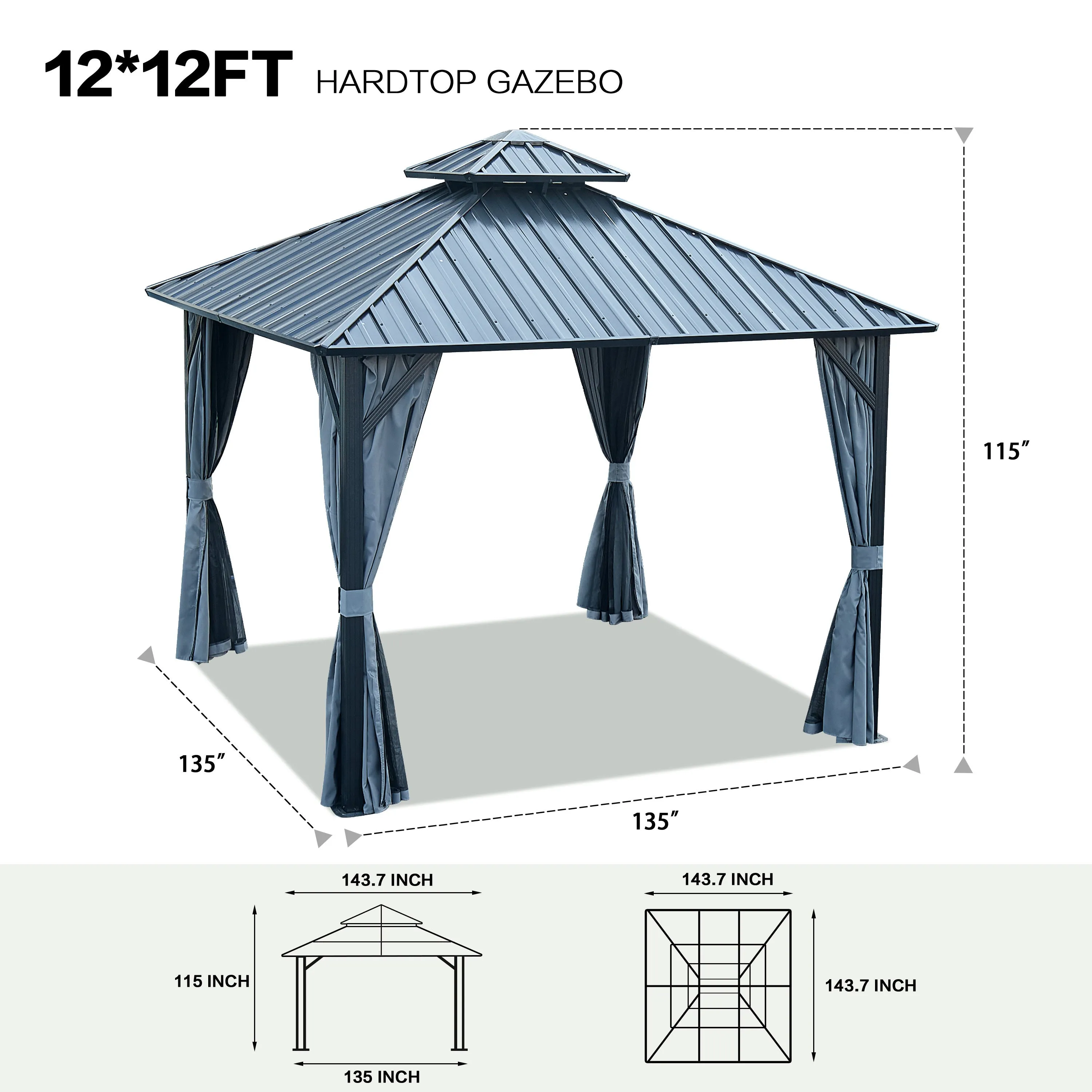 Afix 12 X 12 ft  Permanent Hardtop Gazebo Canopy - Black