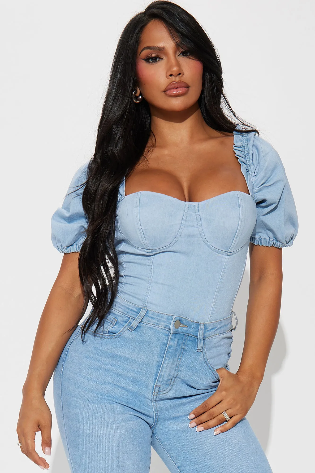 Always Over Dramatic Denim Bodysuit - Light Wash