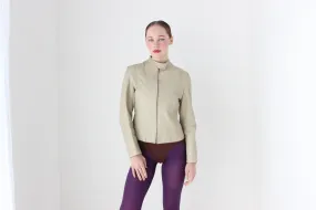 BALLETCORE 90s Neutral Beige Leather Zip Front Moto Jacket