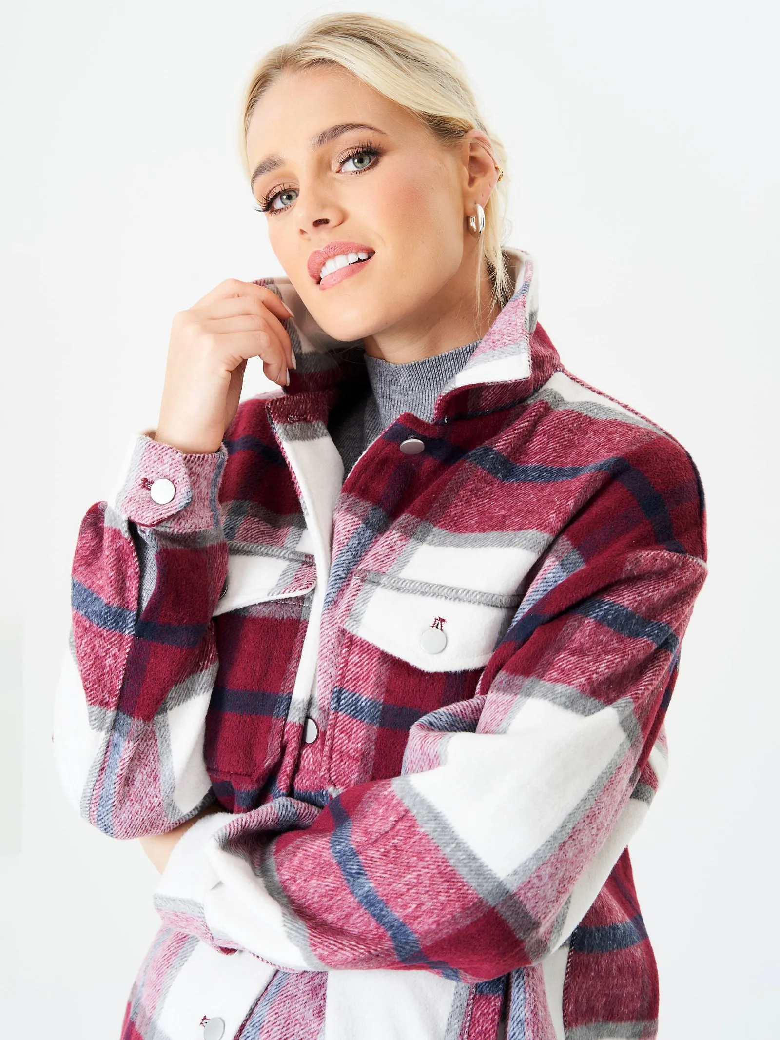 Burgundy Check Oversized Pocket Detail Shacket