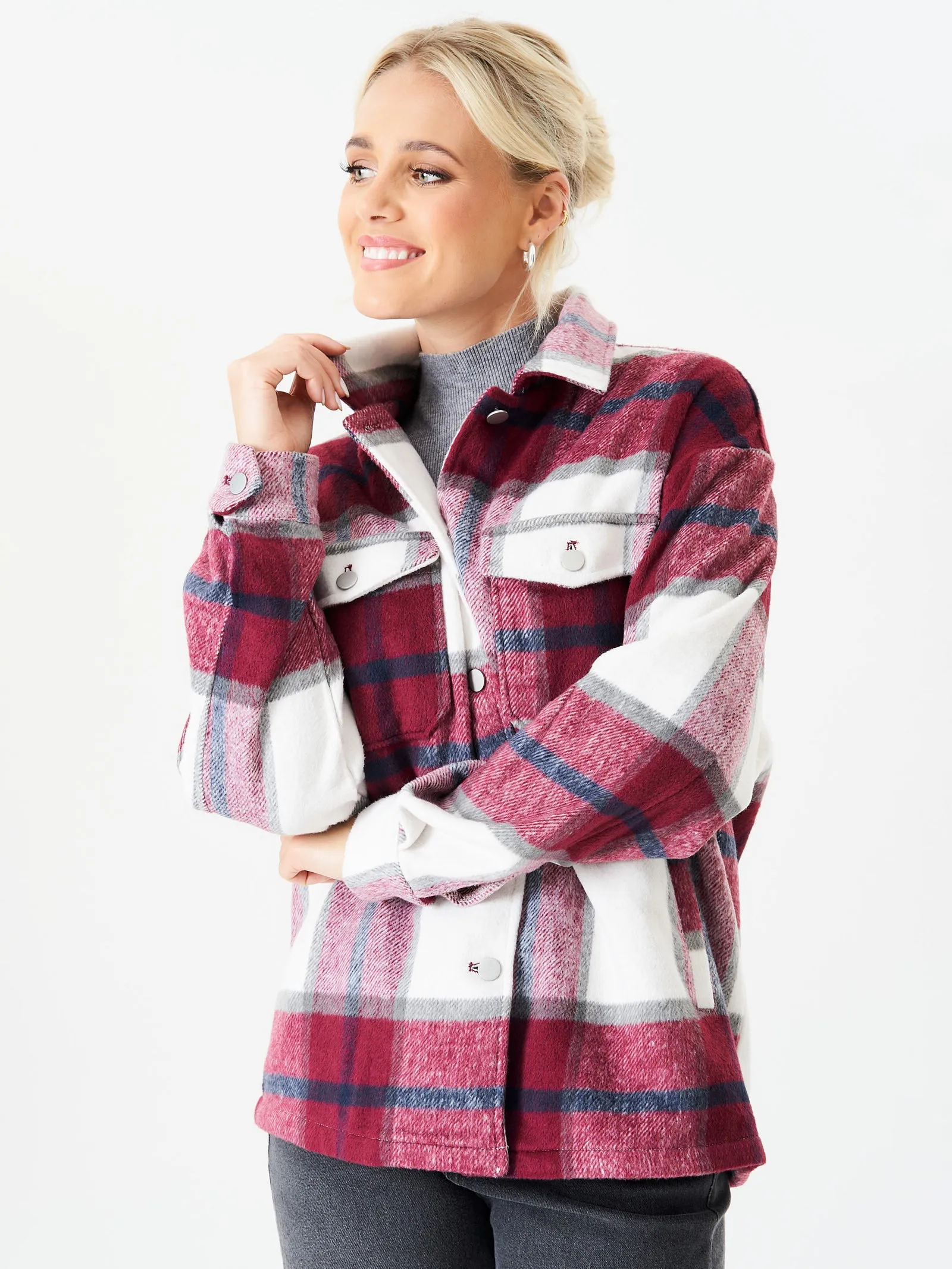 Burgundy Check Oversized Pocket Detail Shacket