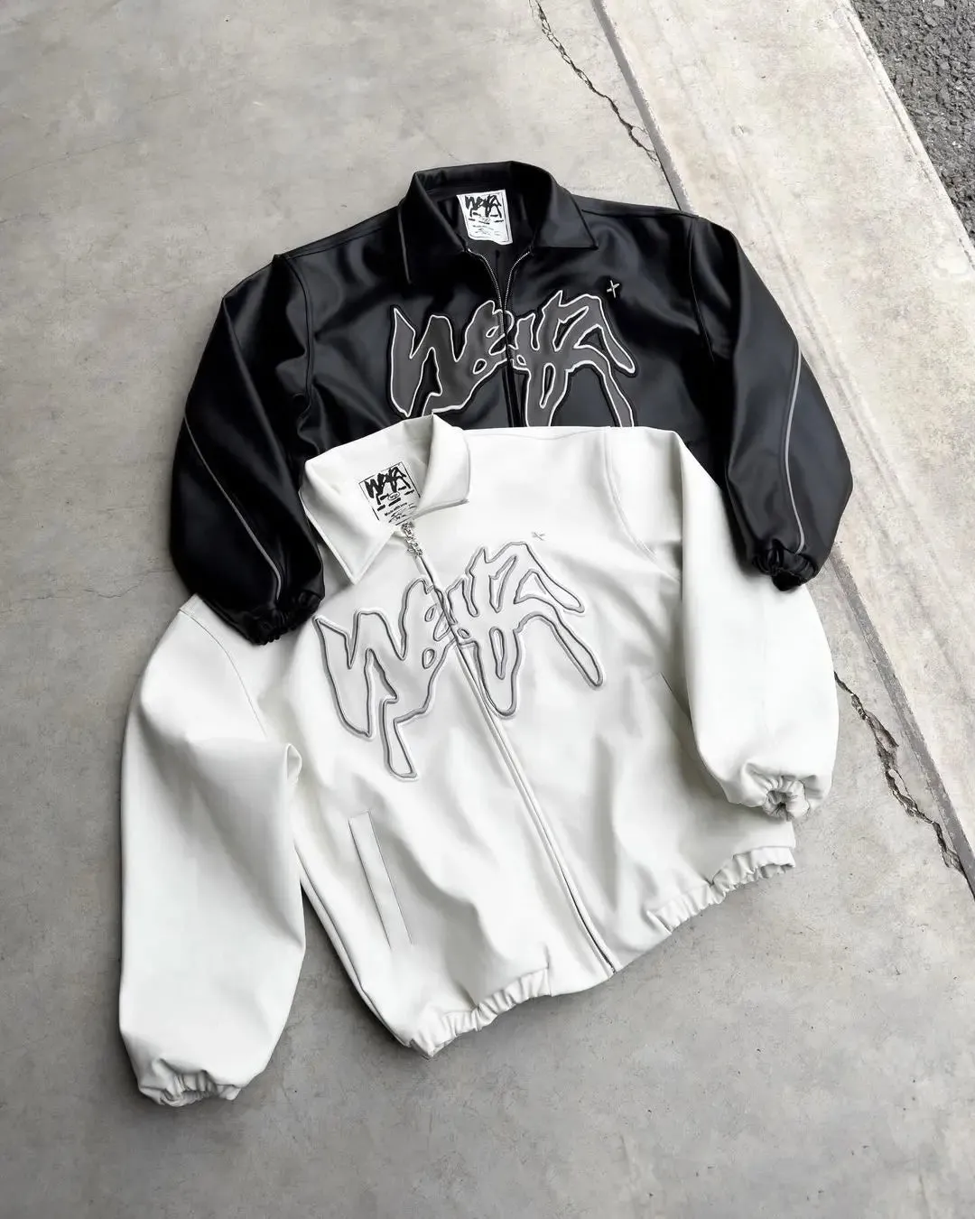 Flytonn-Men Fall Outfits Outwear Streetwear y2k 90s Fashion Hip Hop Retro Letter Pattern Jackets for Men Y2k Harajuku Fashion Pu Leather Jacket Long Sleeve Zipper Jackets Coat Streetwear