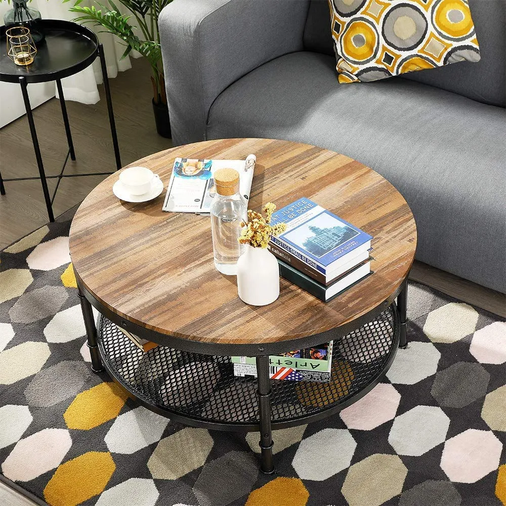 INDIAN DECOR. 38399 Coffee Table Round 28" Industrial 2-Tier Sofa Table with Storage Open Shelf and Metal Legs for Living Room