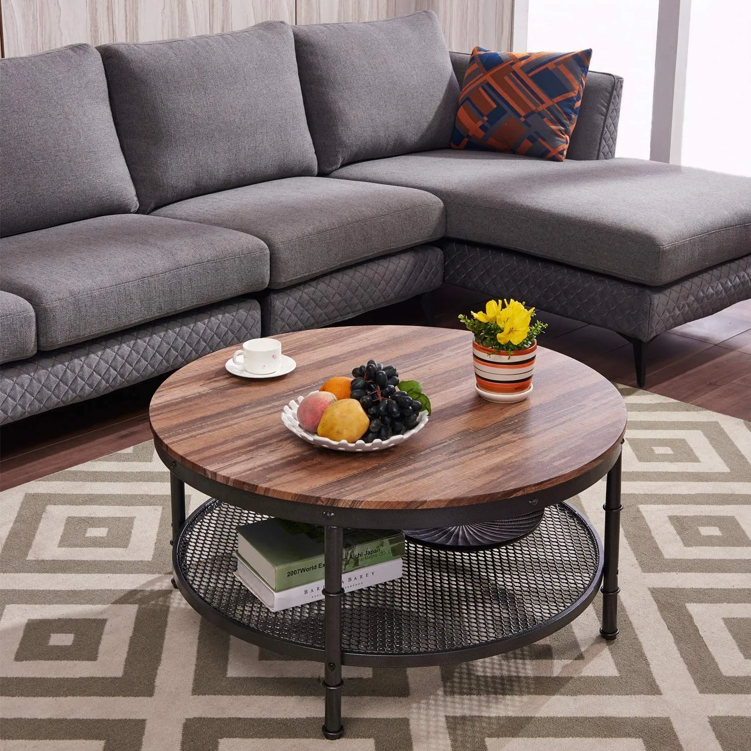 INDIAN DECOR. 38399 Coffee Table Round 28" Industrial 2-Tier Sofa Table with Storage Open Shelf and Metal Legs for Living Room