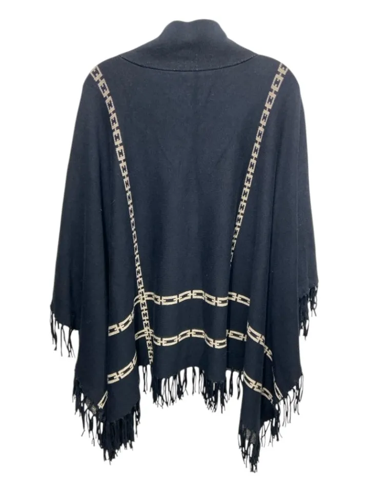 J Mclaughlin Black & Beige Cotton & Modal Mock Neck Fringe Poncho