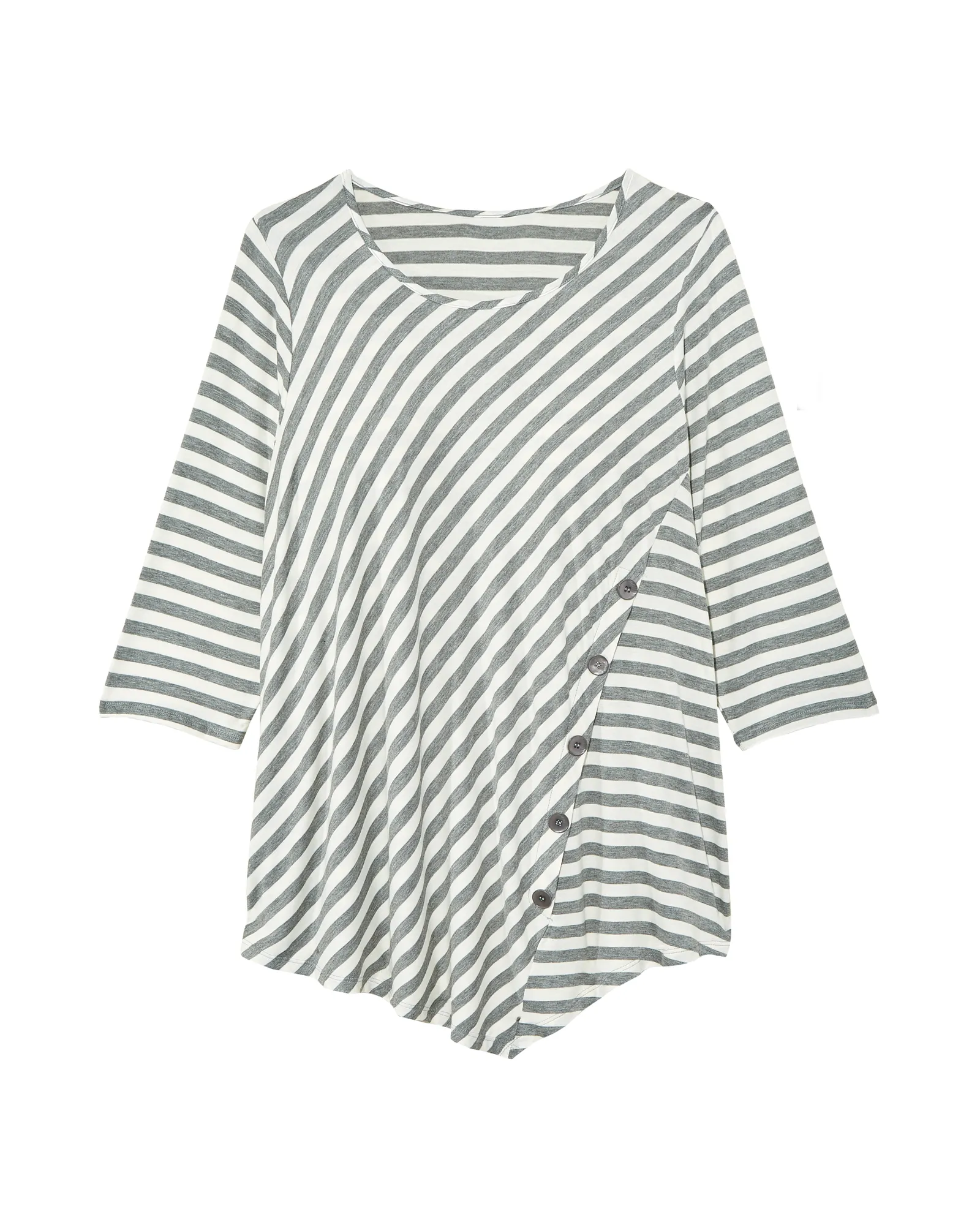 Liz 3/4 Sleeve A-Symmetrical Button Down | Light Grey / White
