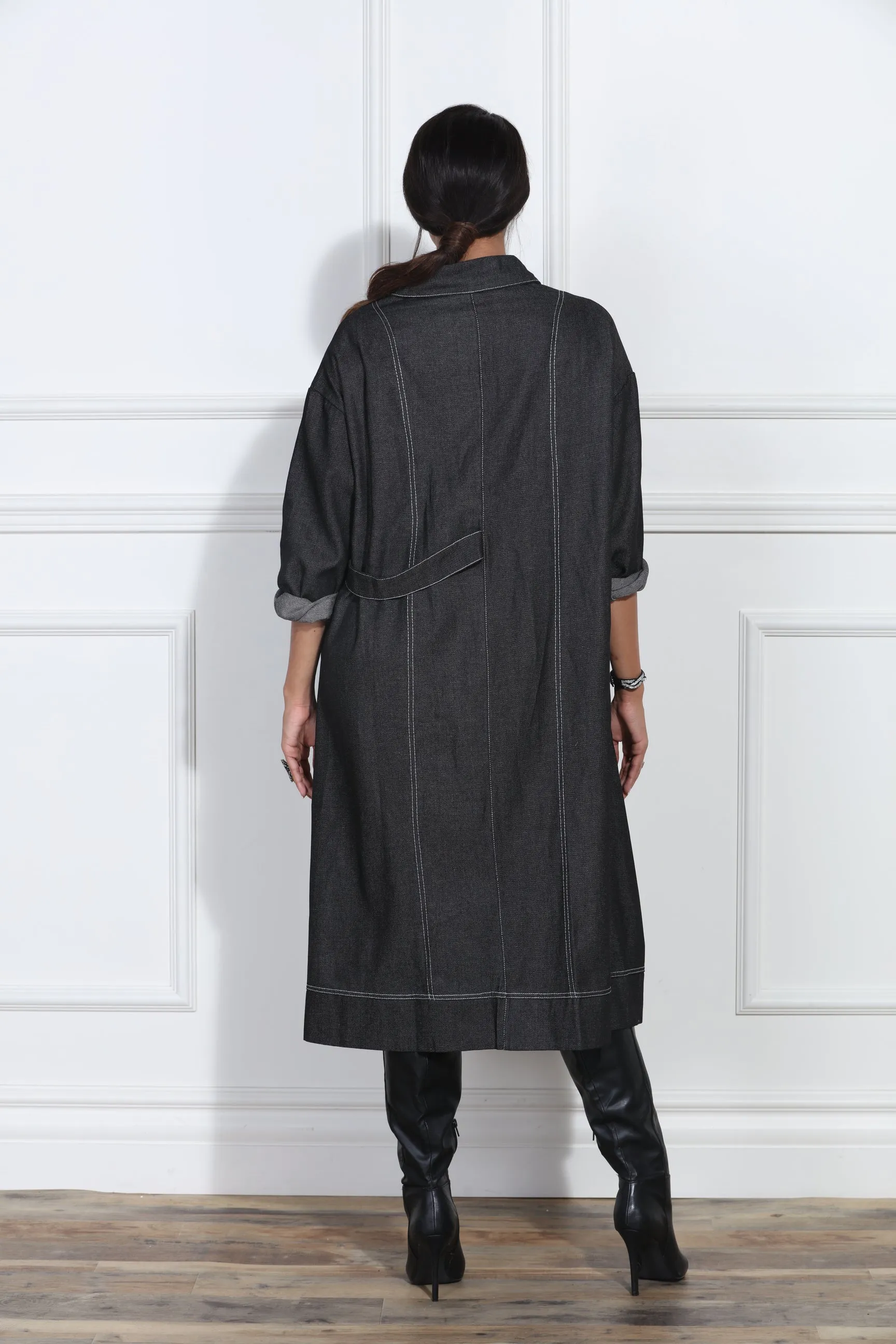 Luxe Moda LM413 - Black Denim - Denim Coat Dress