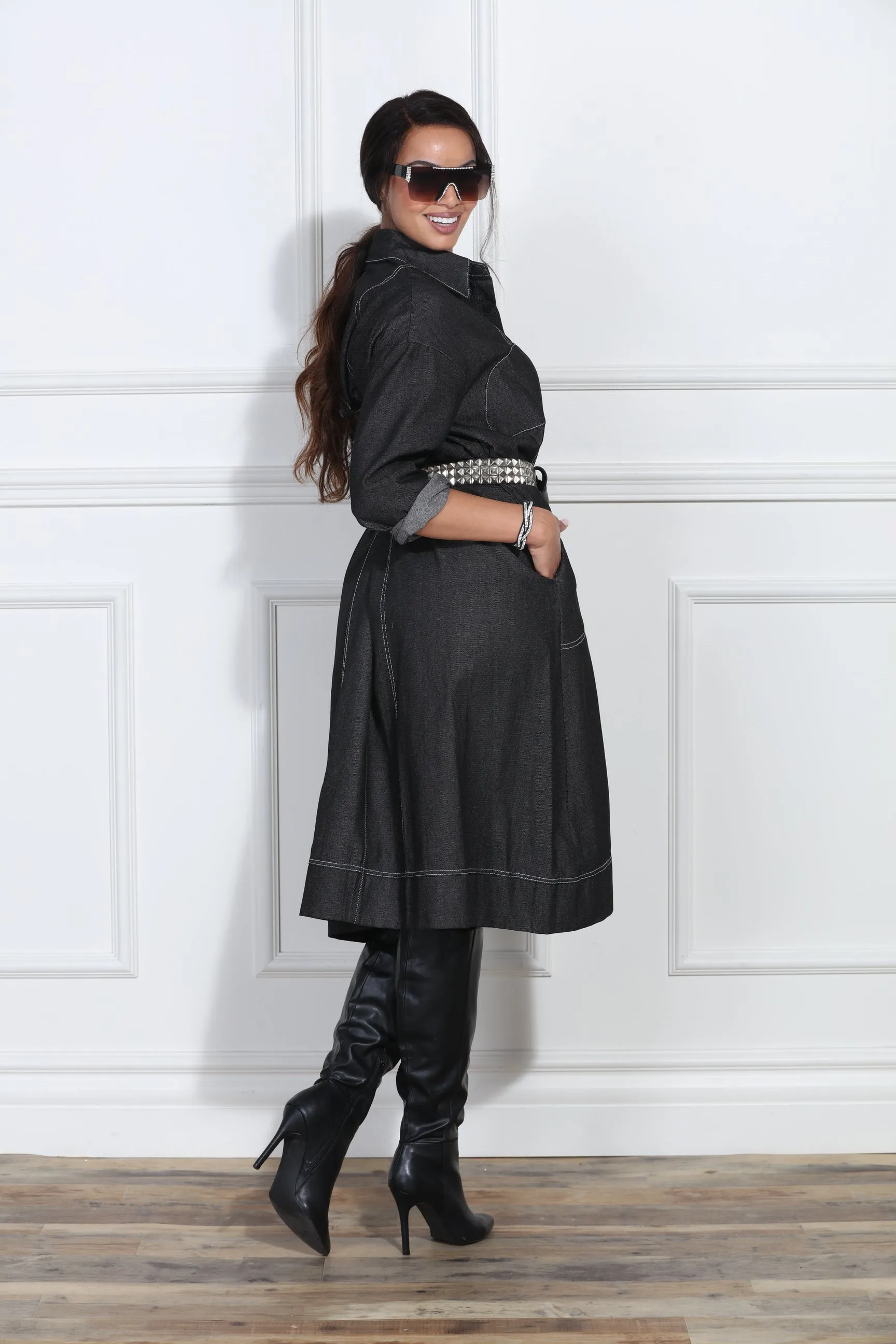 Luxe Moda LM413 - Black Denim - Denim Coat Dress