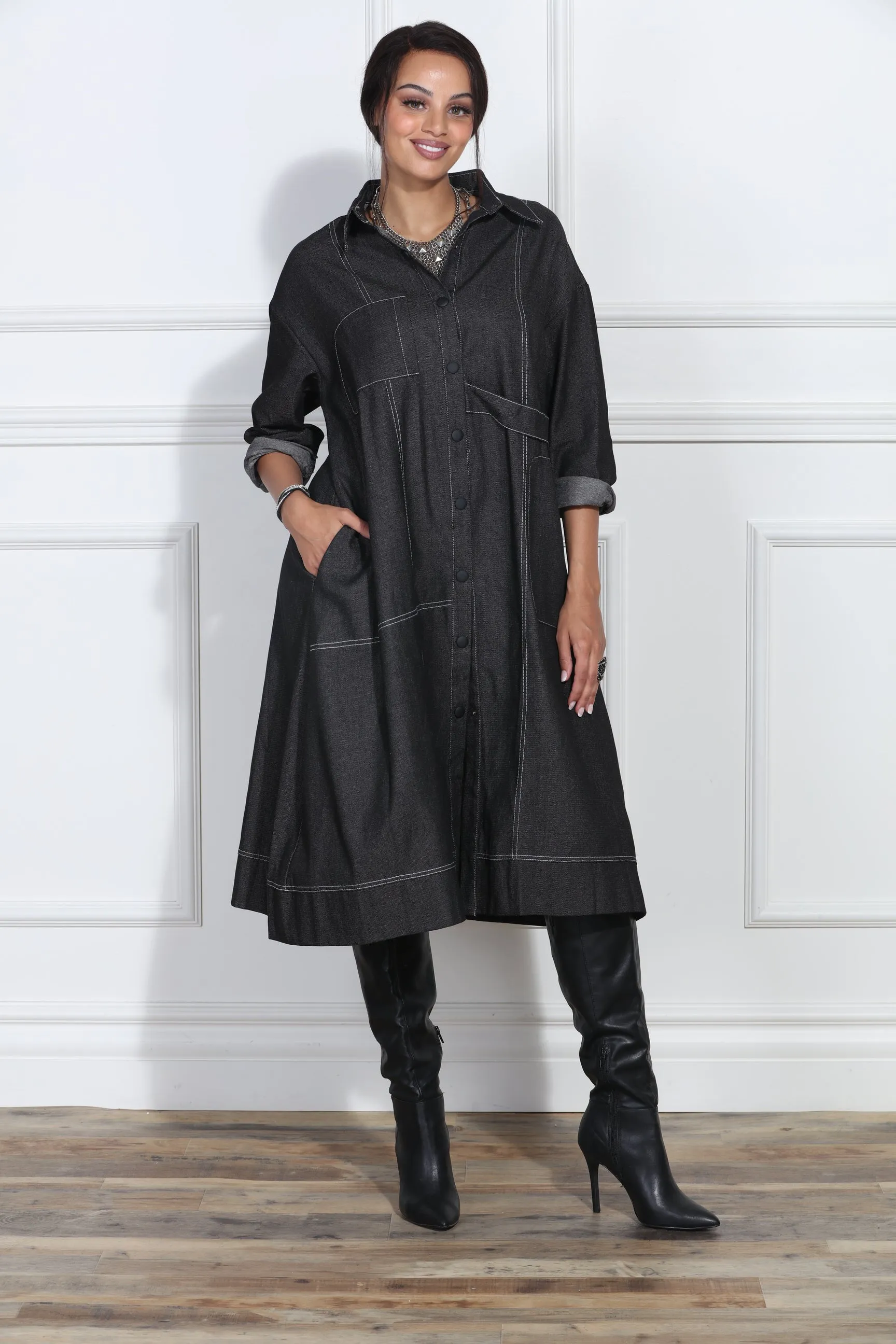 Luxe Moda LM413 - Black Denim - Denim Coat Dress