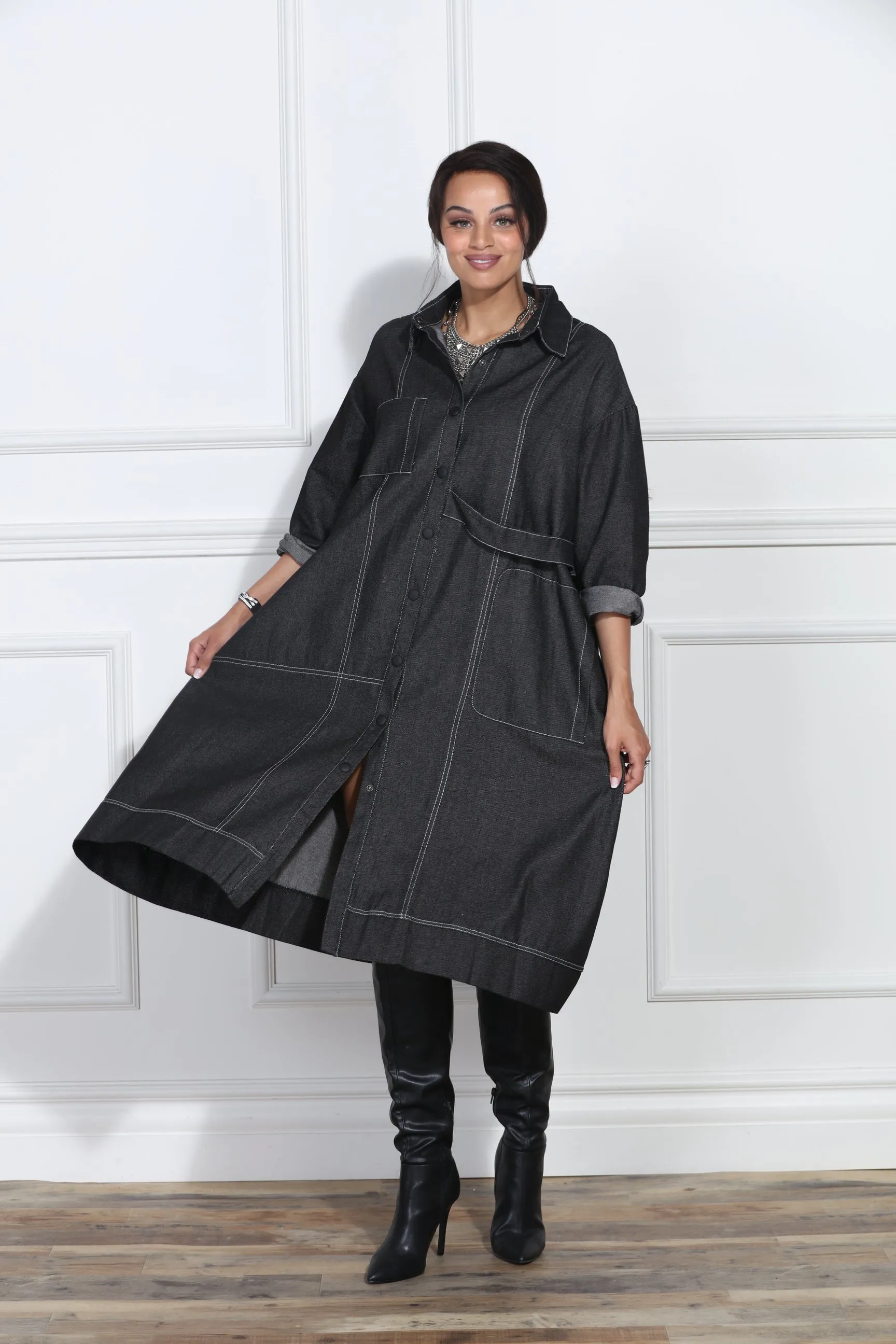Luxe Moda LM413 - Black Denim - Denim Coat Dress