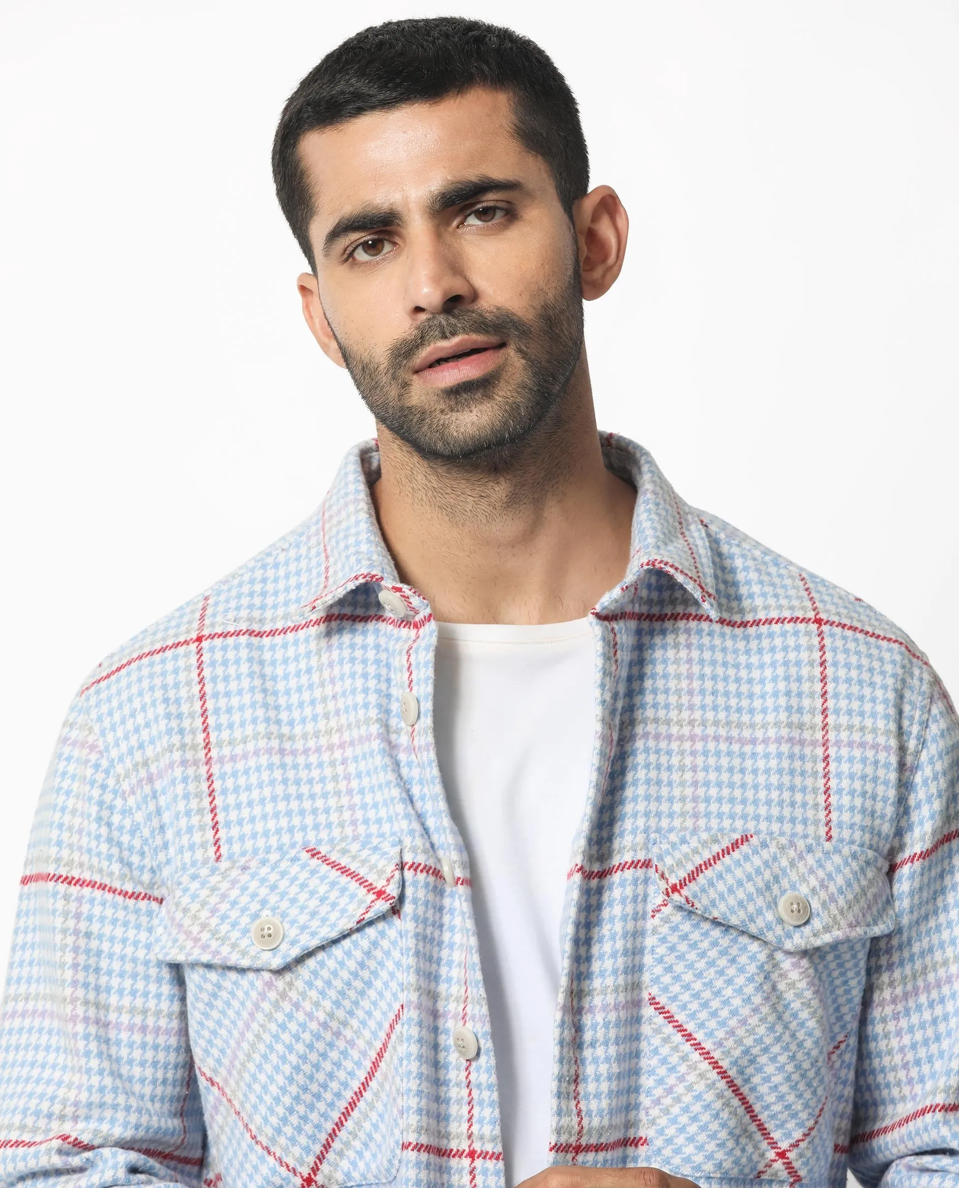 Rare Rabbit Men's Marcella Light Blue Full Sleeves Button Closure Houndstooth Checks Shacket