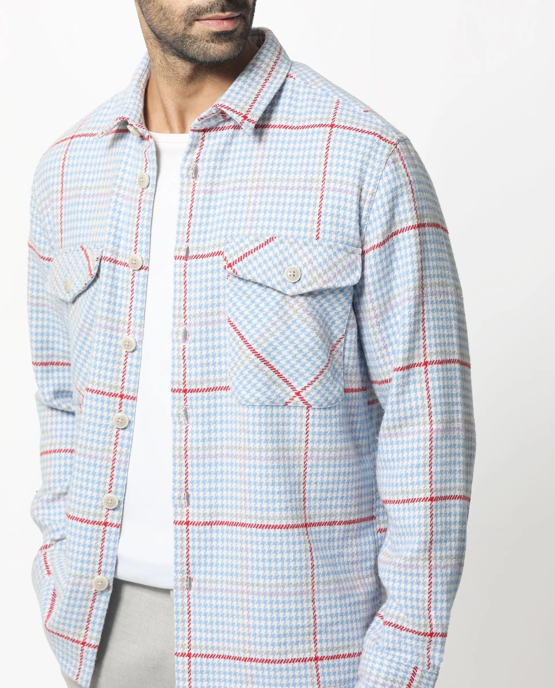 Rare Rabbit Men's Marcella Light Blue Full Sleeves Button Closure Houndstooth Checks Shacket