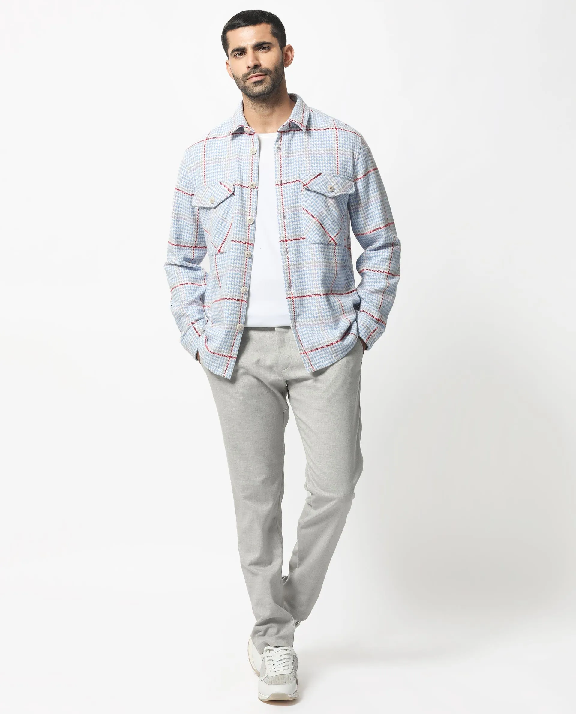 Rare Rabbit Men's Marcella Light Blue Full Sleeves Button Closure Houndstooth Checks Shacket
