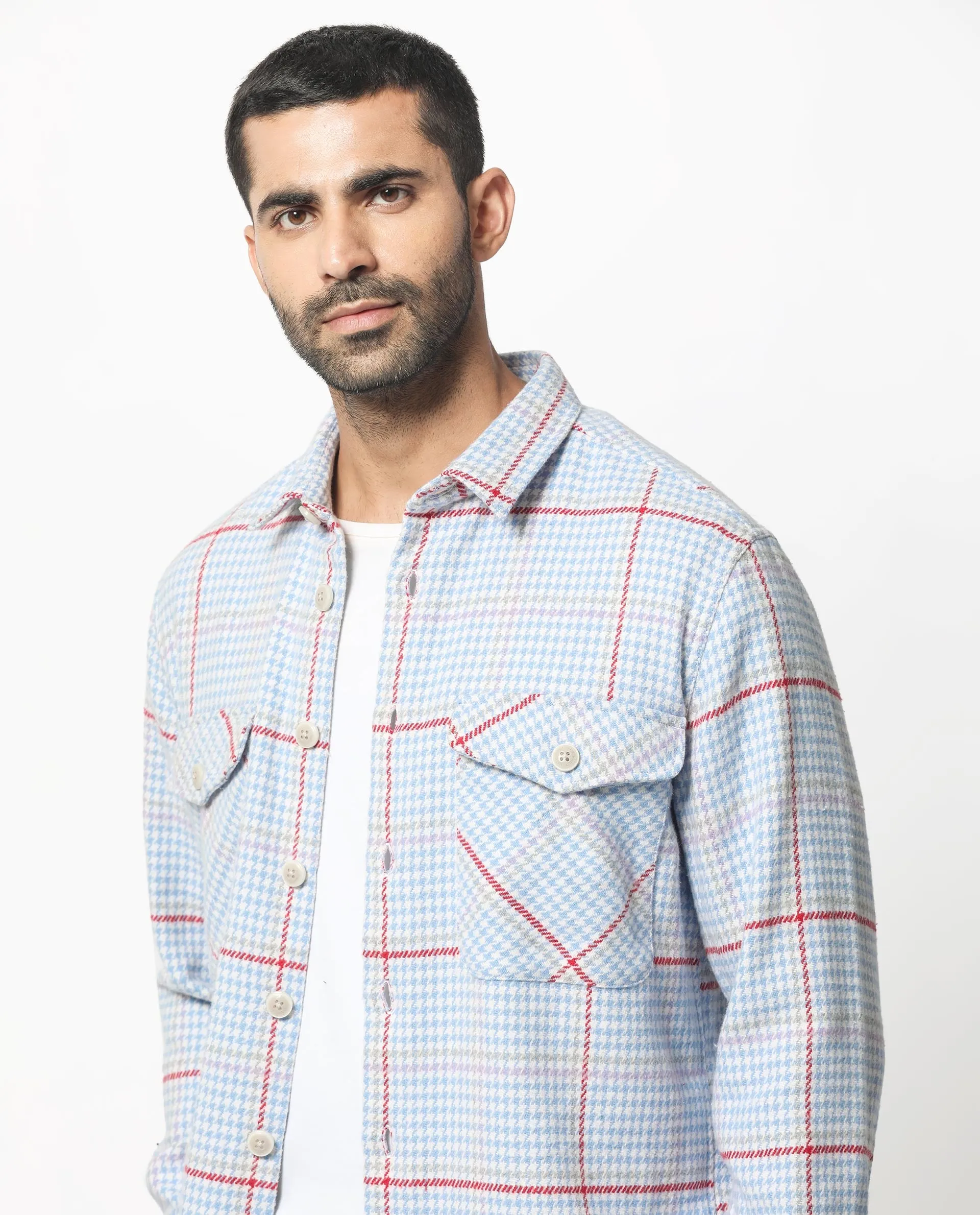 Rare Rabbit Men's Marcella Light Blue Full Sleeves Button Closure Houndstooth Checks Shacket