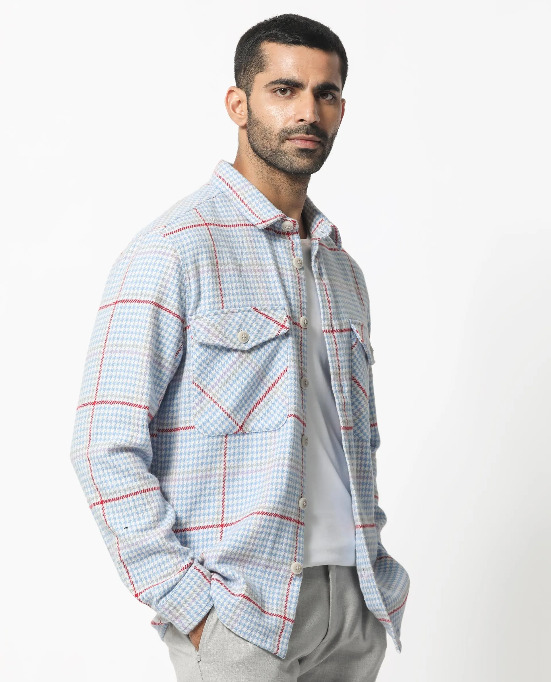 Rare Rabbit Men's Marcella Light Blue Full Sleeves Button Closure Houndstooth Checks Shacket
