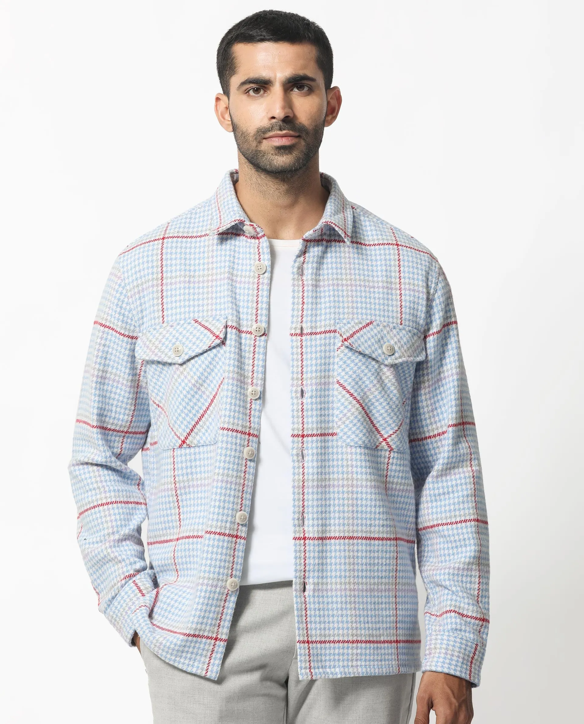 Rare Rabbit Men's Marcella Light Blue Full Sleeves Button Closure Houndstooth Checks Shacket