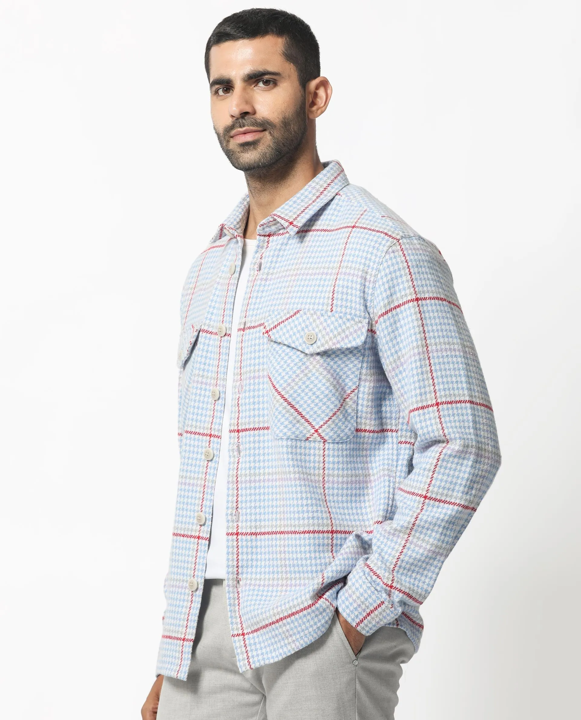 Rare Rabbit Men's Marcella Light Blue Full Sleeves Button Closure Houndstooth Checks Shacket