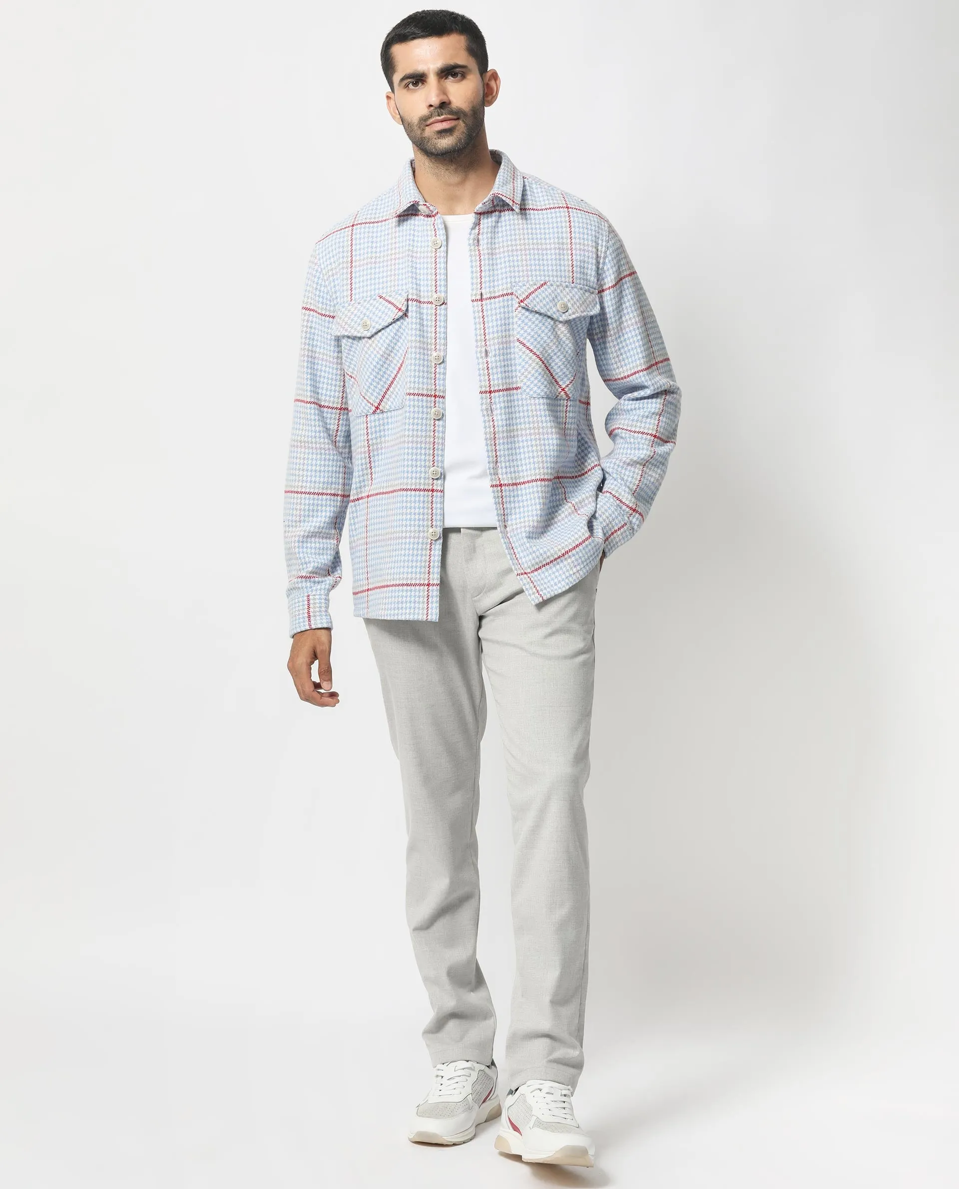 Rare Rabbit Men's Marcella Light Blue Full Sleeves Button Closure Houndstooth Checks Shacket