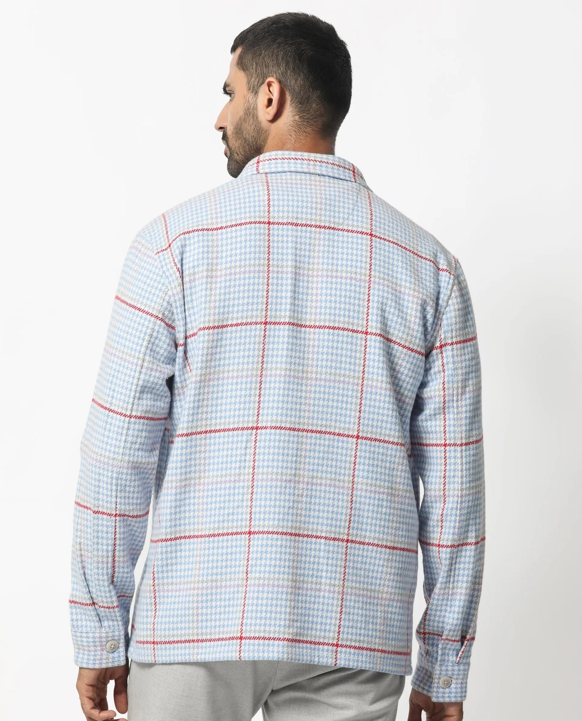 Rare Rabbit Men's Marcella Light Blue Full Sleeves Button Closure Houndstooth Checks Shacket