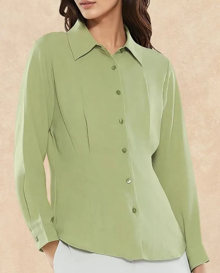 Rareism Women Mersin Light Green Cuffed Sleeves Collared Neck Button Closure Plain Top