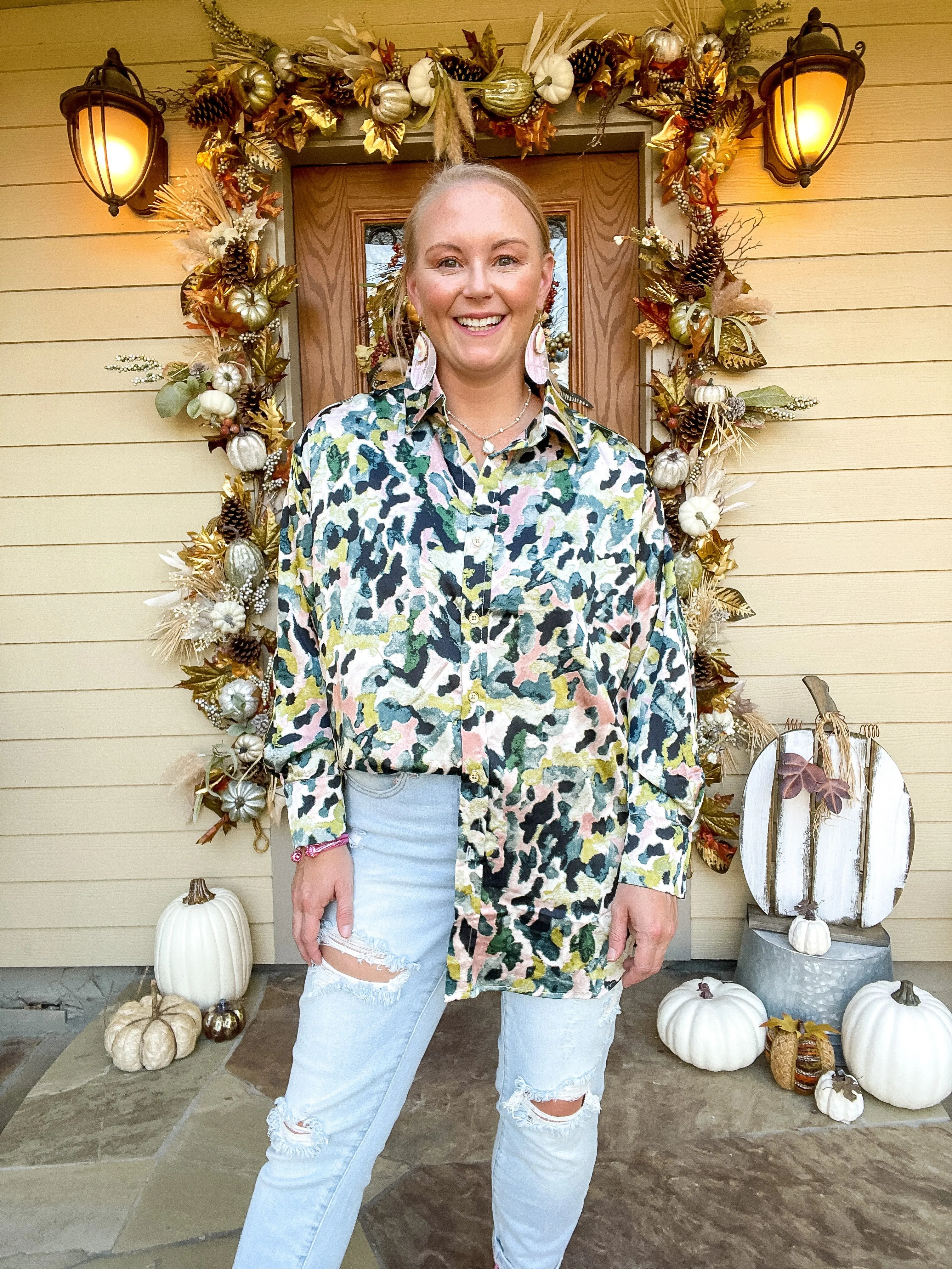 Tell Me Something Good Long Sleeve Button Up Watercolor Animal Print Top in Green Mix