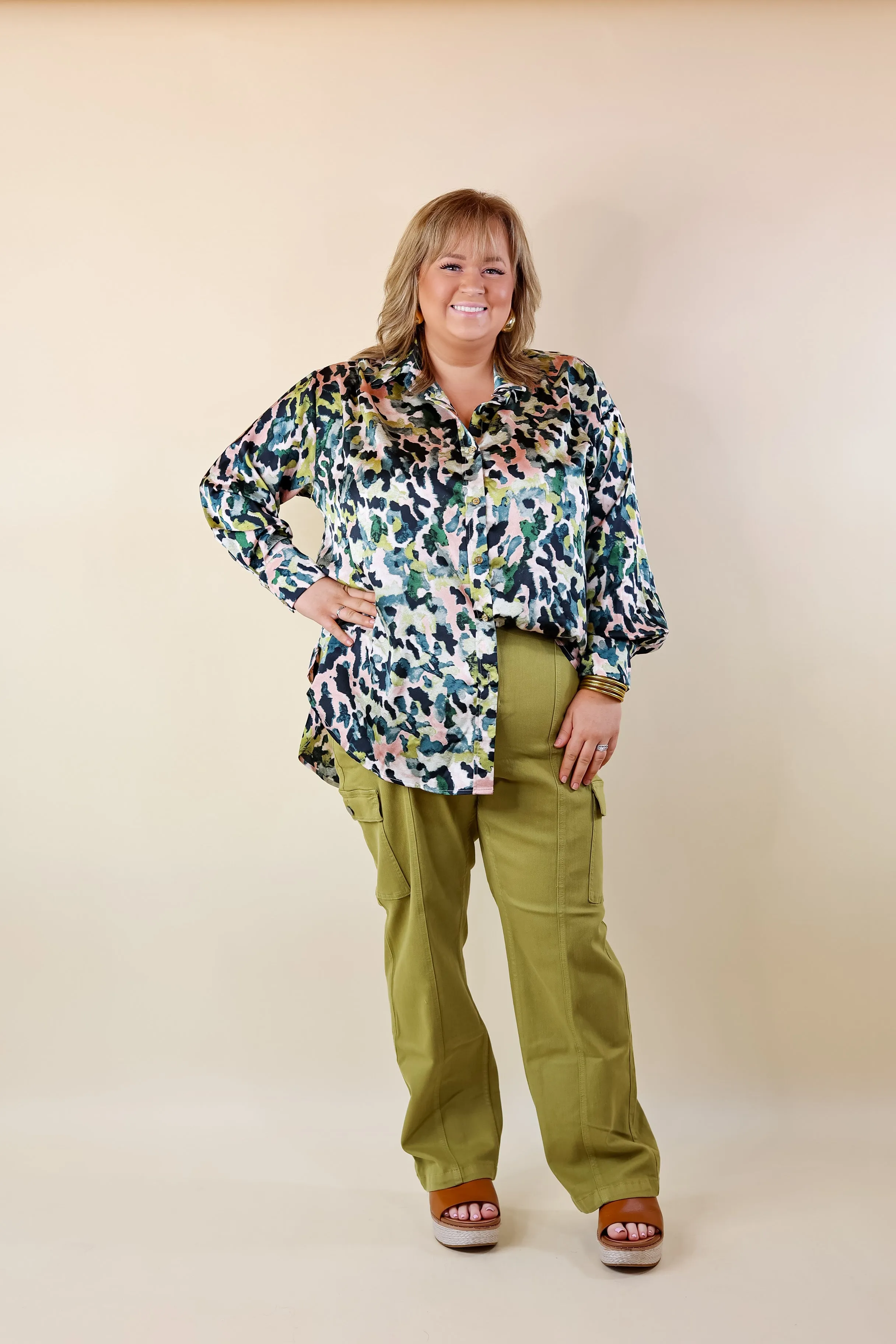 Tell Me Something Good Long Sleeve Button Up Watercolor Animal Print Top in Green Mix
