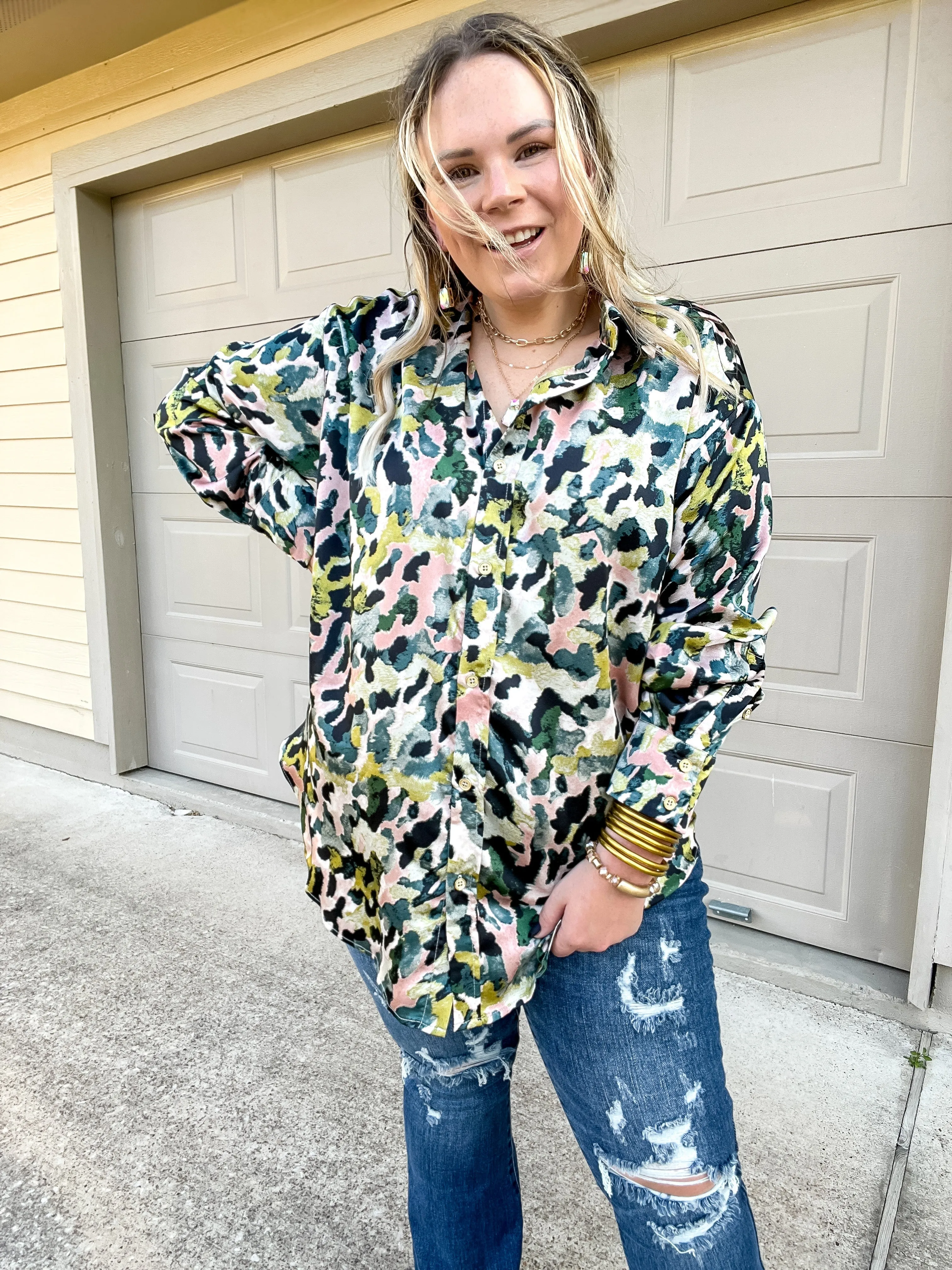 Tell Me Something Good Long Sleeve Button Up Watercolor Animal Print Top in Green Mix