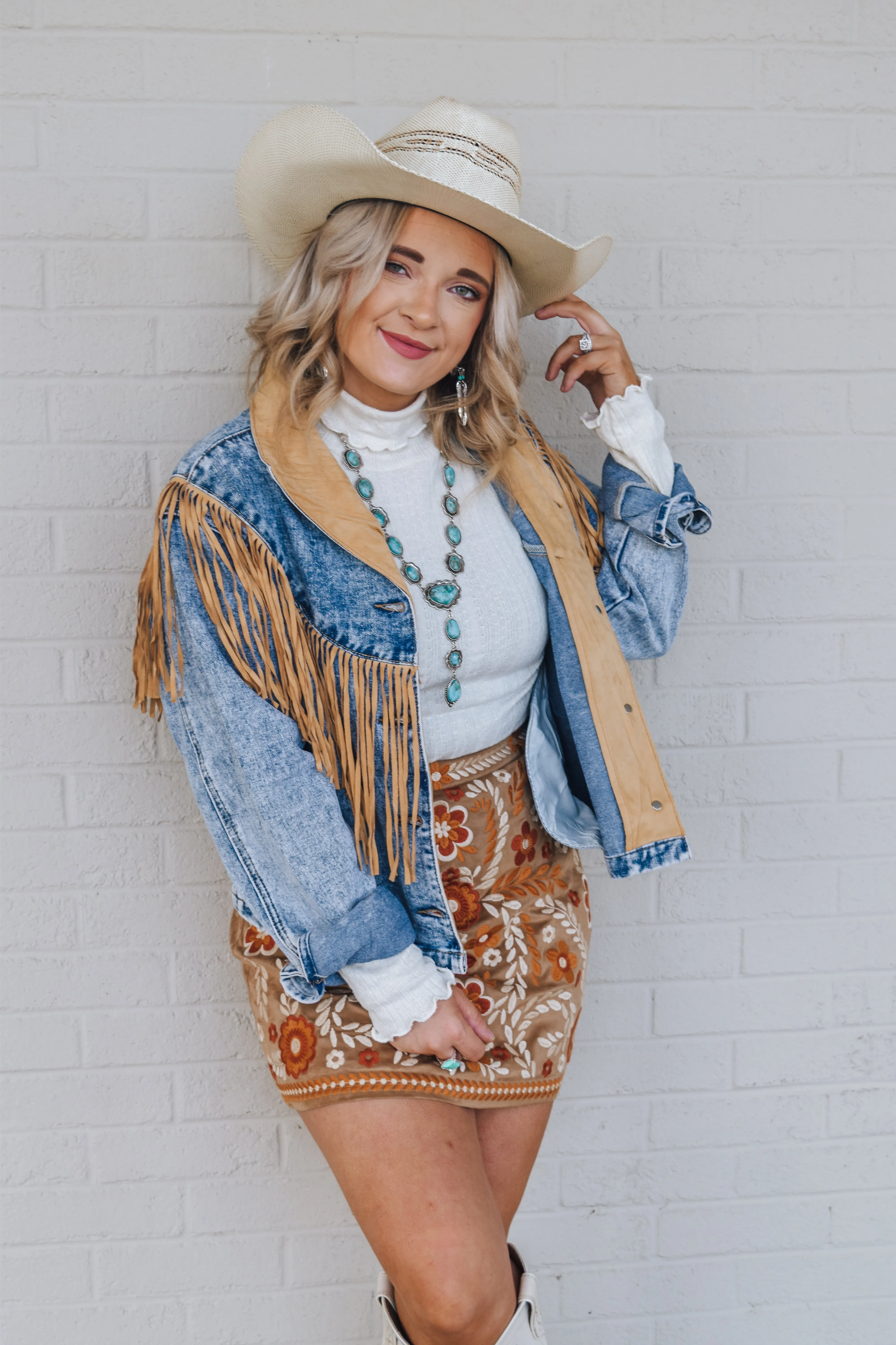 That's The Spirit Tan Fringe Western Denim Jacket