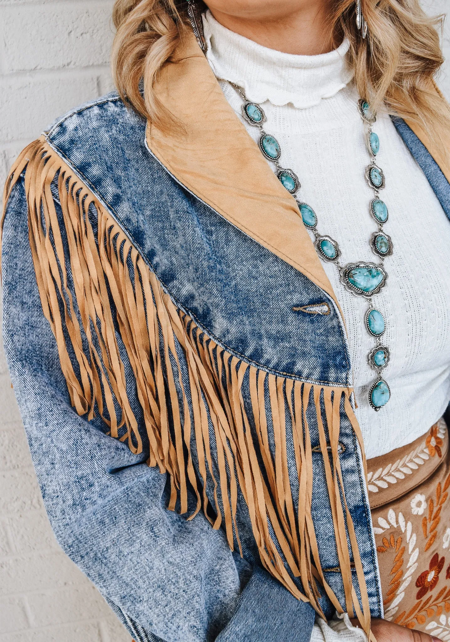 That's The Spirit Tan Fringe Western Denim Jacket
