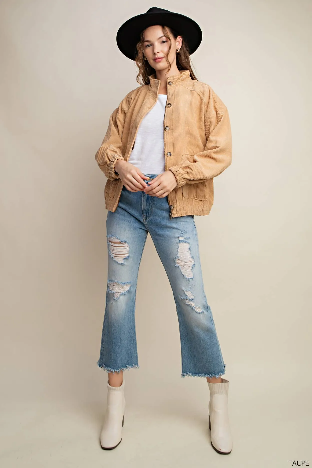 Washed Corduroy Hidden Zipper Button Down Jacket