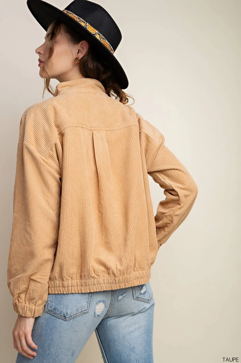 Washed Corduroy Hidden Zipper Button Down Jacket