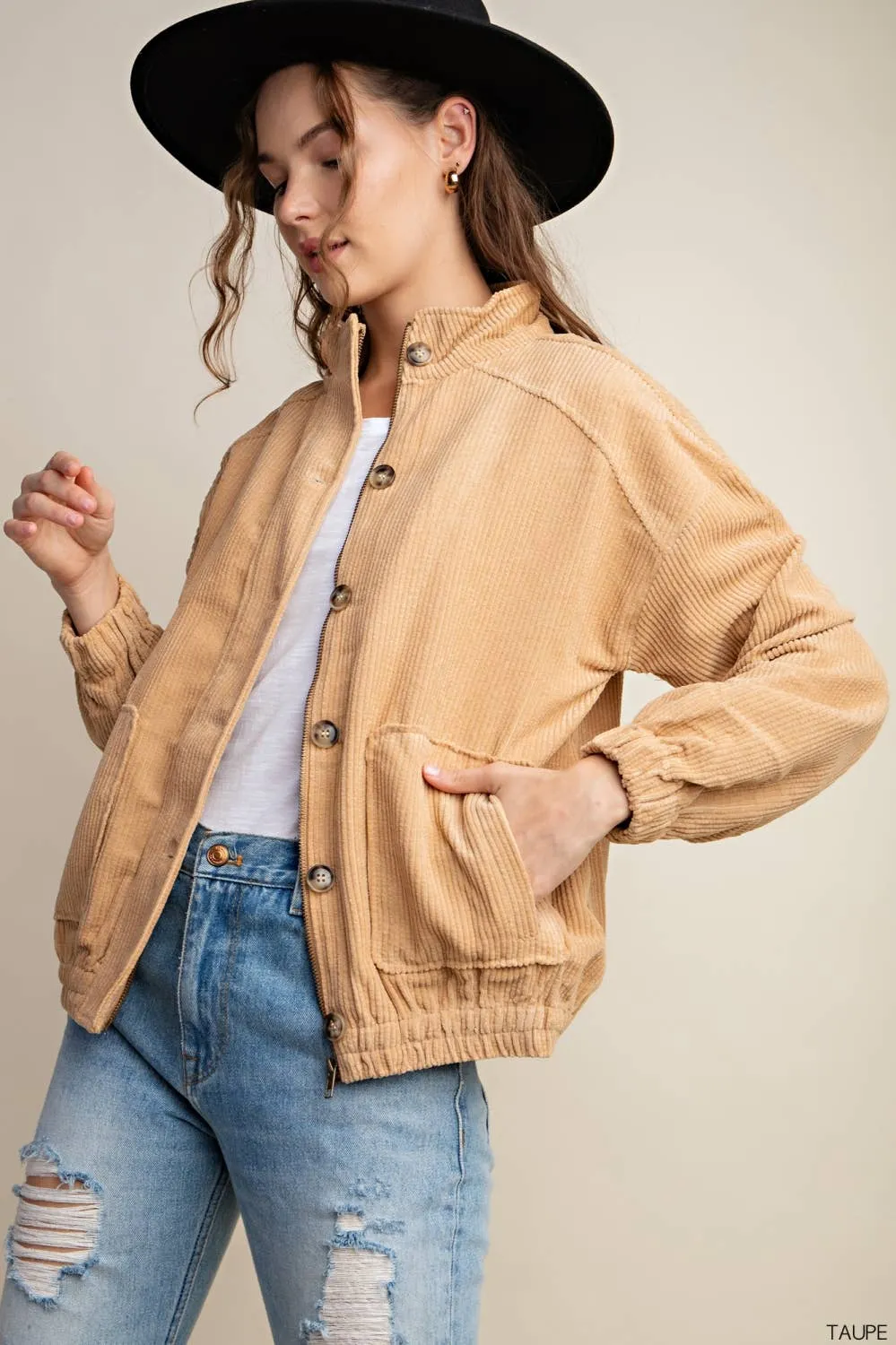 Washed Corduroy Hidden Zipper Button Down Jacket