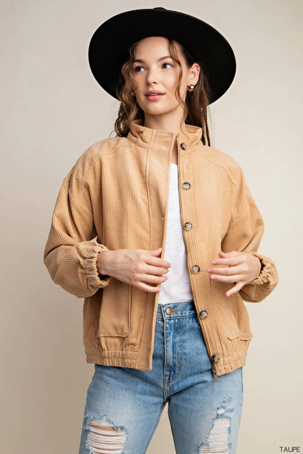 Washed Corduroy Hidden Zipper Button Down Jacket