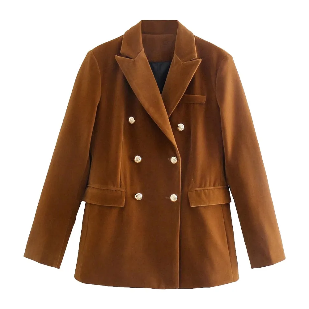 Wenkouban Women's Autumn Coat Velvet Double-breasted Long-sleeved Suit Fashion All-match Casual Solid Color Female Blazer Mujer