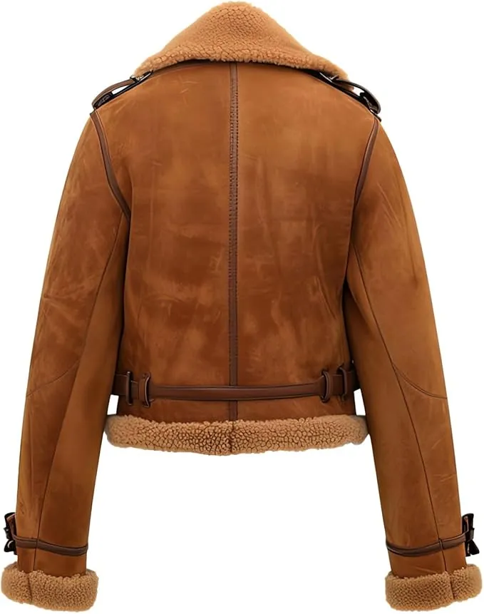 Women's Dark Brown Genuine Suede Faux Shearling Faux Fur Jacket By TJS
